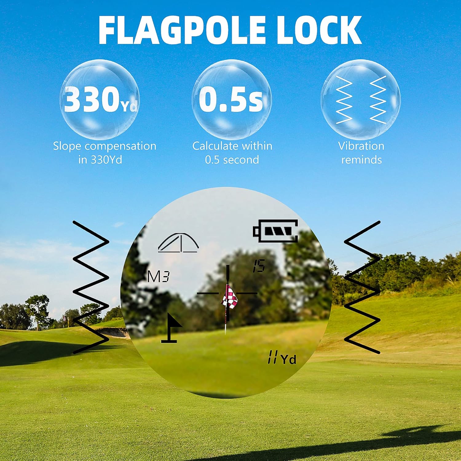 Rangefinder display showing flag acquisition with pulse vibration confirmation.