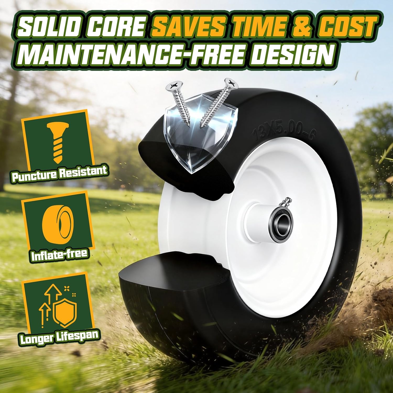 13x5.00-6 Flat Free Lawn Mower Tire and Wheel with 3/4" bearing bore, with 5/8” Extra Bearings & Adjustable Spacers, for Riding Mower, Lawn Tractor, 500 lbs Capacity, 2-Pack