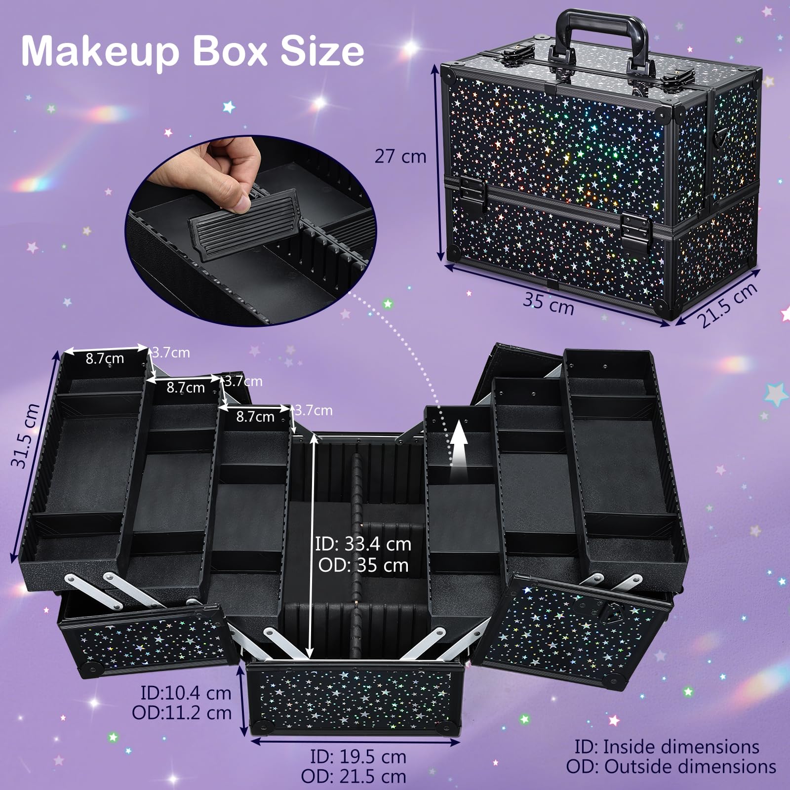 Joligrace Organizer per trucco per unghie, per gioielli, cosmetici, beauty vanity case extra large space, Stella nera, L