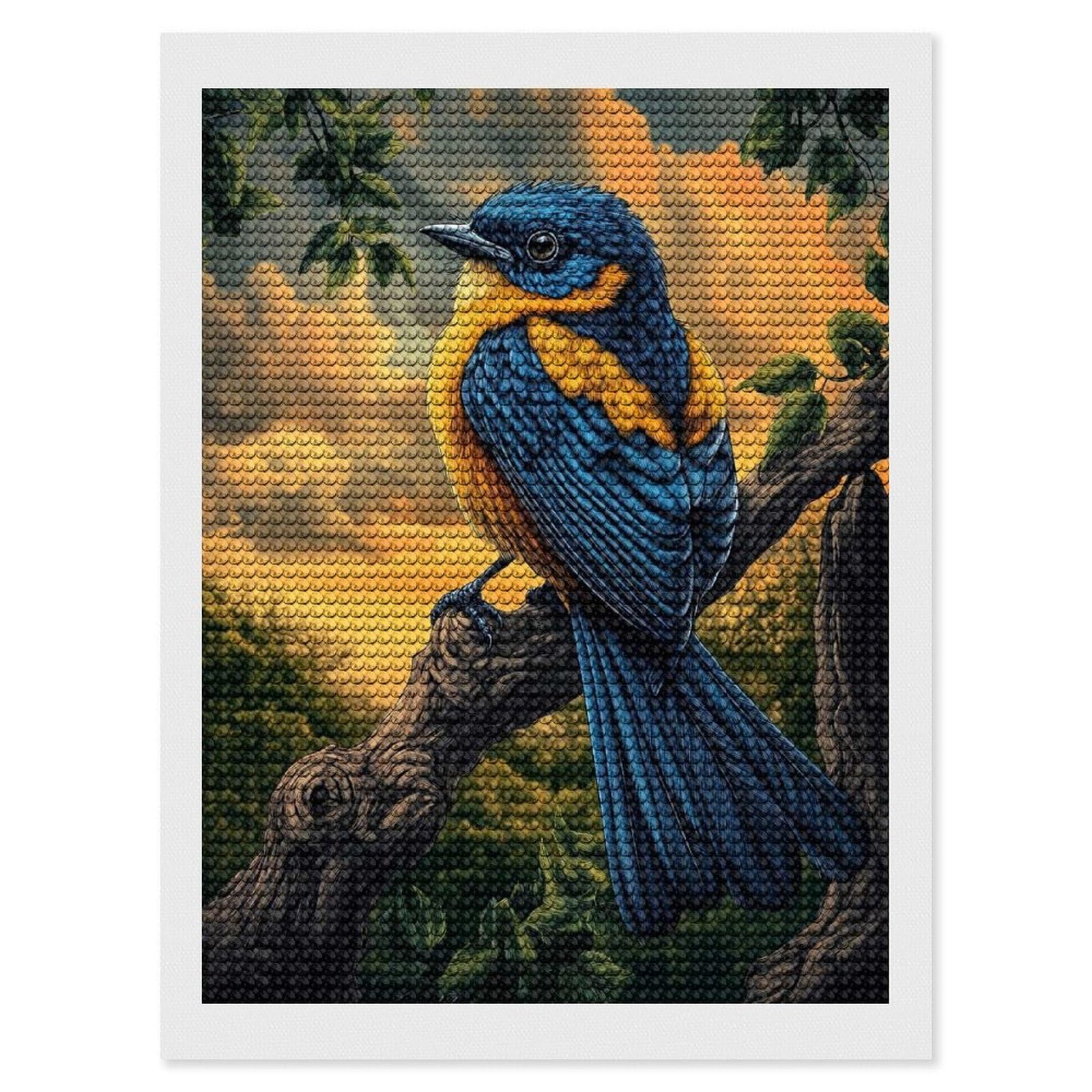 Junmoney Blue and Yellow Bird on Branch Diamond Painting Set 12"x16", Stress Relief Craft, Easy to Enjoy, Vintage Style Decor, Festive Craft Gift