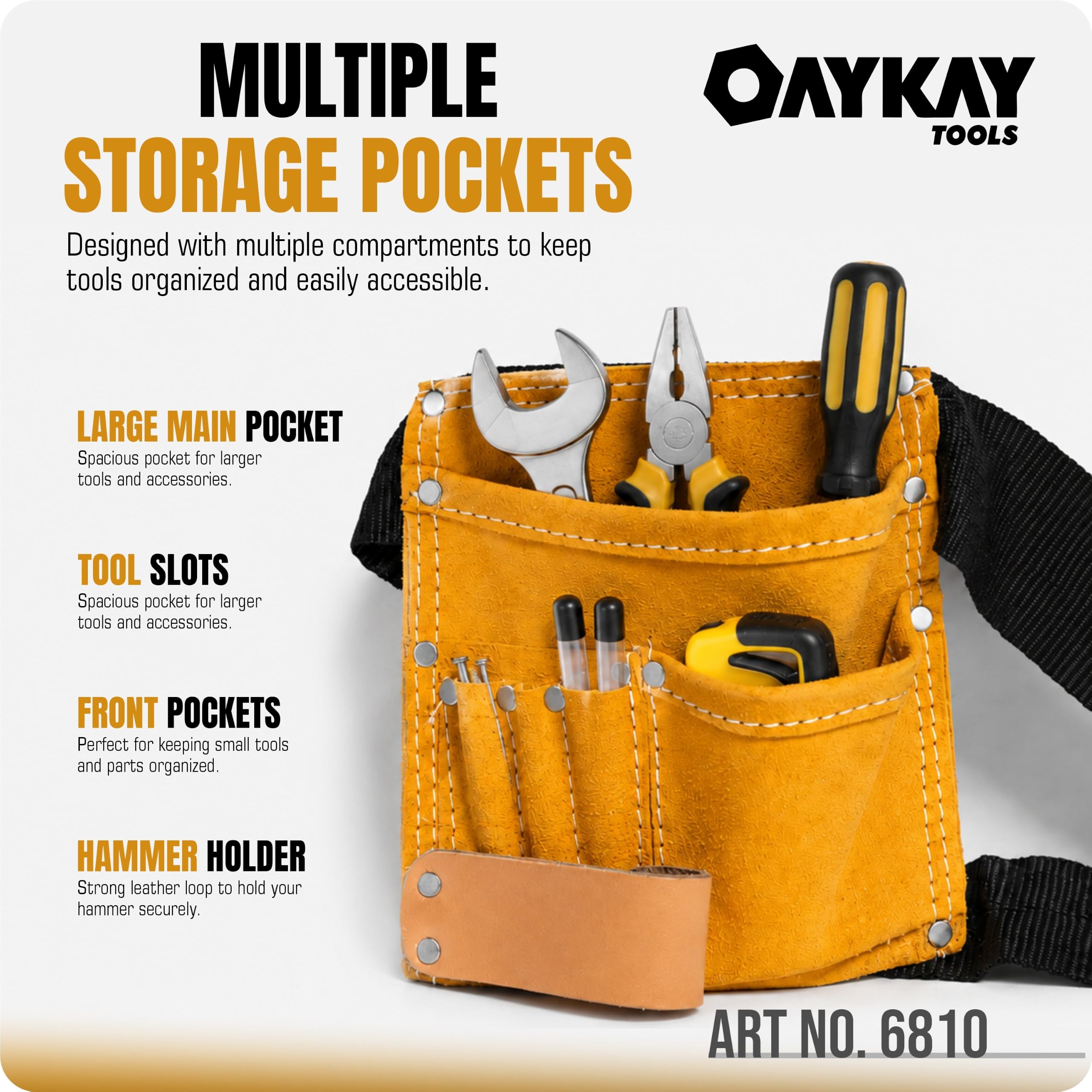 Oaykay Tools 5 Pocket Yellow Leather Tool Belt with Hammer Holder and Quick Release Buckle (Size 8.5 * 8 Inch) 1