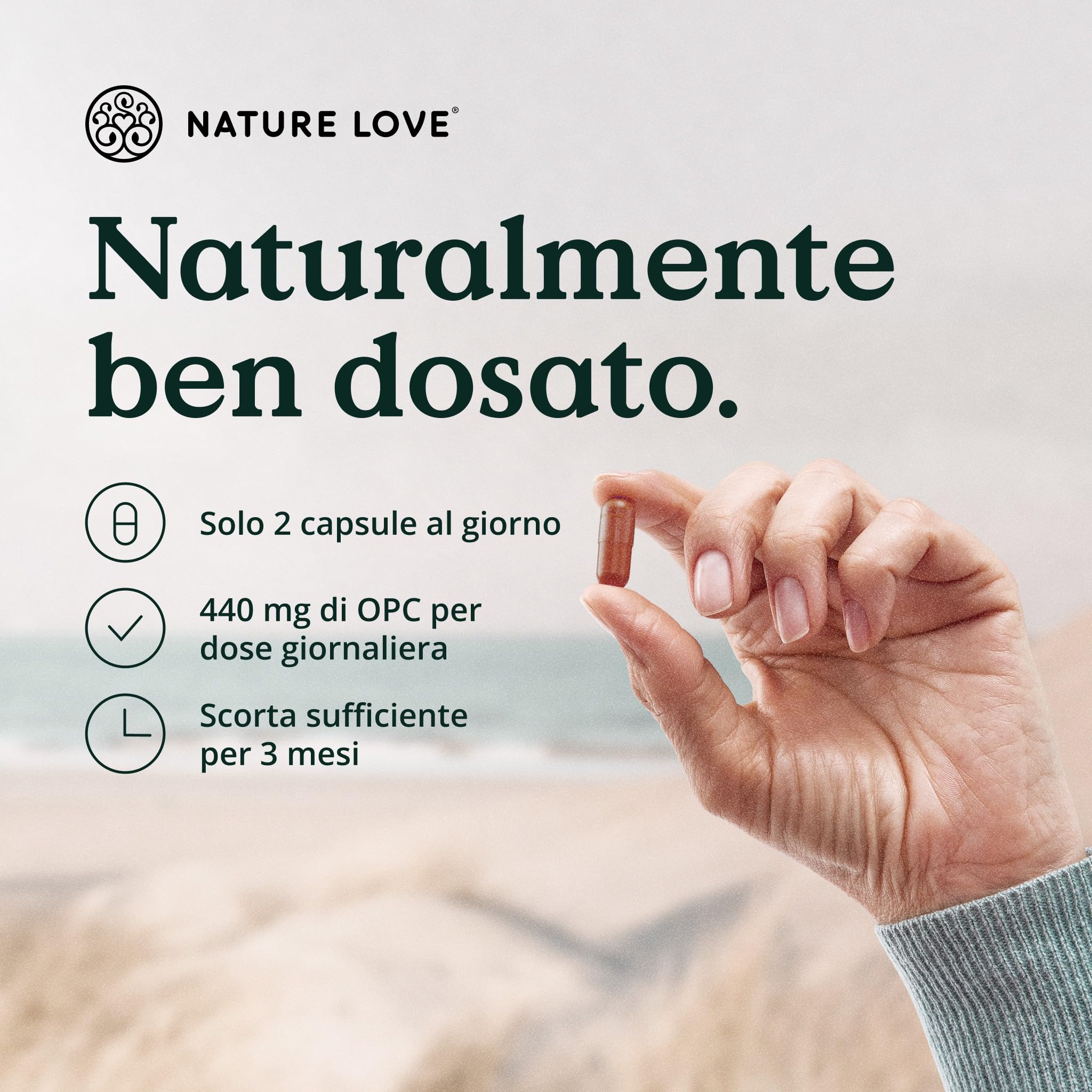 NATURE LOVE® OPC Estratto di semi d'uva - 180 capsule - alto dosaggio con 800mg di estratto/dose giornaliera - uva francese - vitamina C naturale - testato in laboratorio, vegano, prodotto in Germania