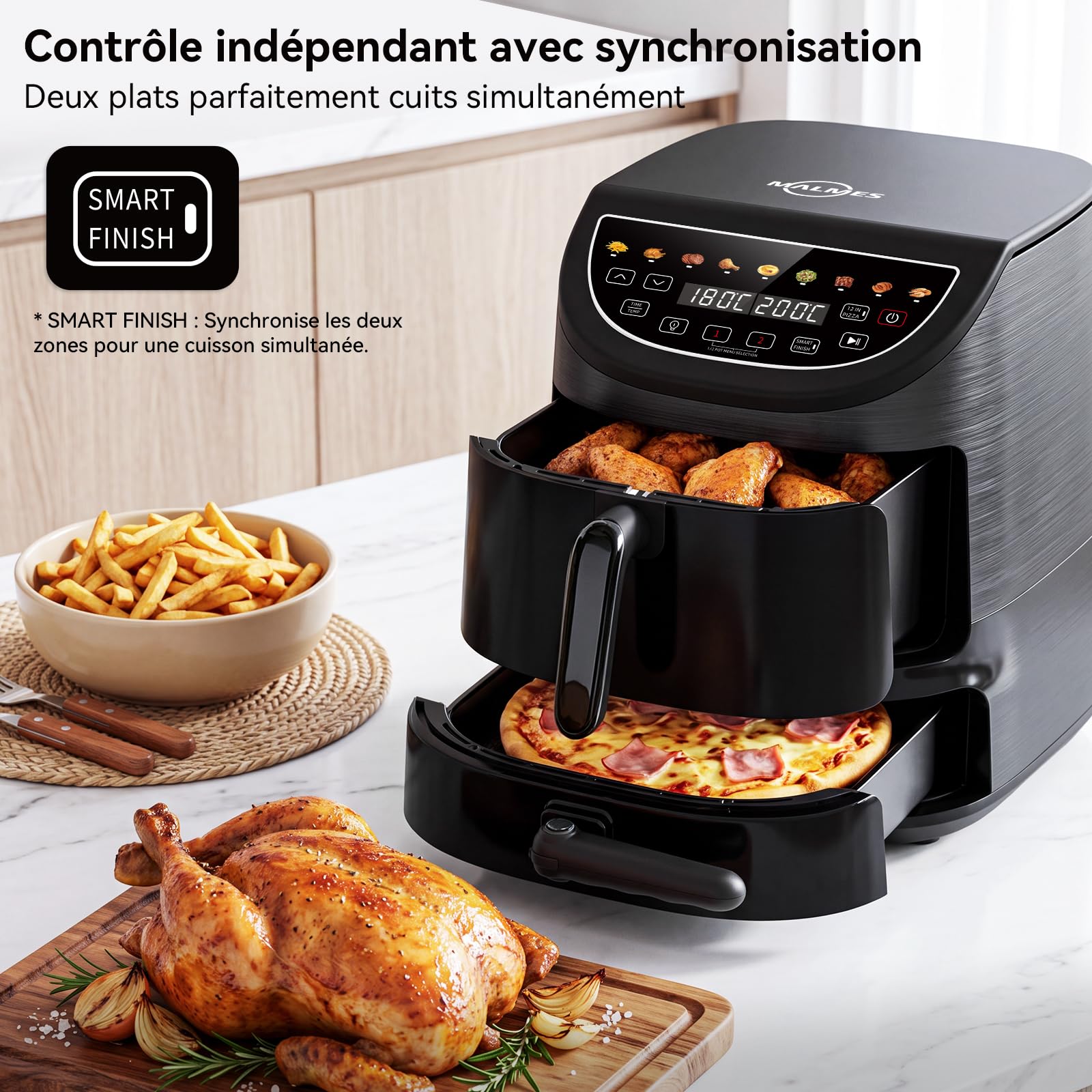 Friteuse à air 8,5L avec deux cavités et four à pizza