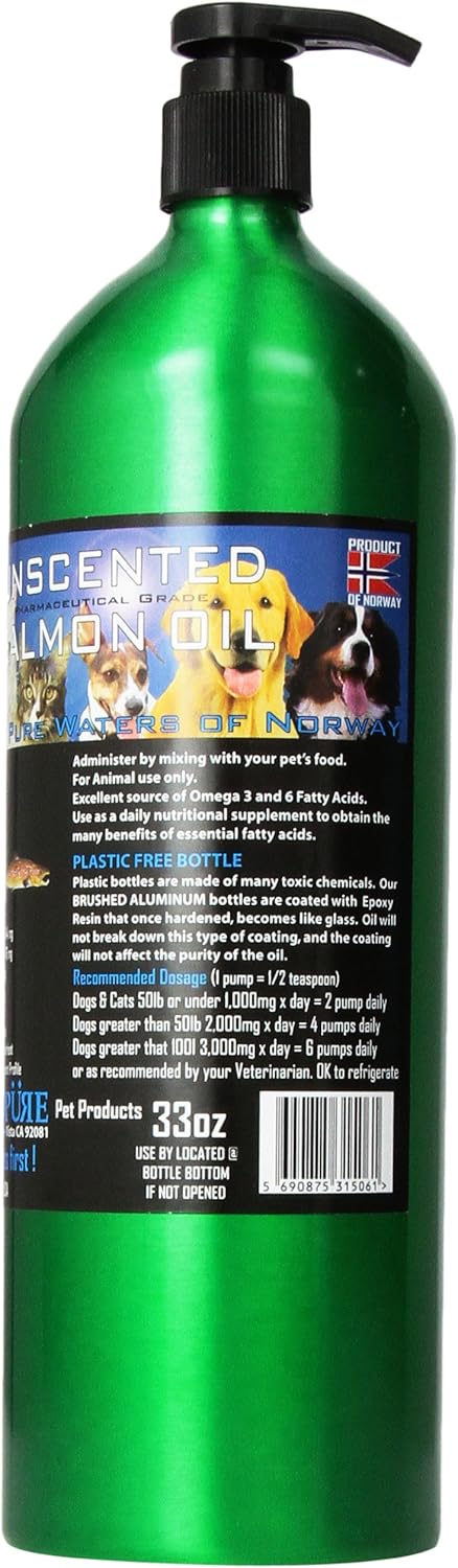 Iceland Pure Unscented Pharmaceutical Grade Salmon Oil - Pure Omega 3, Liquid Food Supplement For Dogs and Cats - BPA-Free Brushed Aluminum Epoxy coated Bottle with Pump 33oz (Pack of 1) : Pet Fish Oil Nutritional Supplements : Pet Supplies