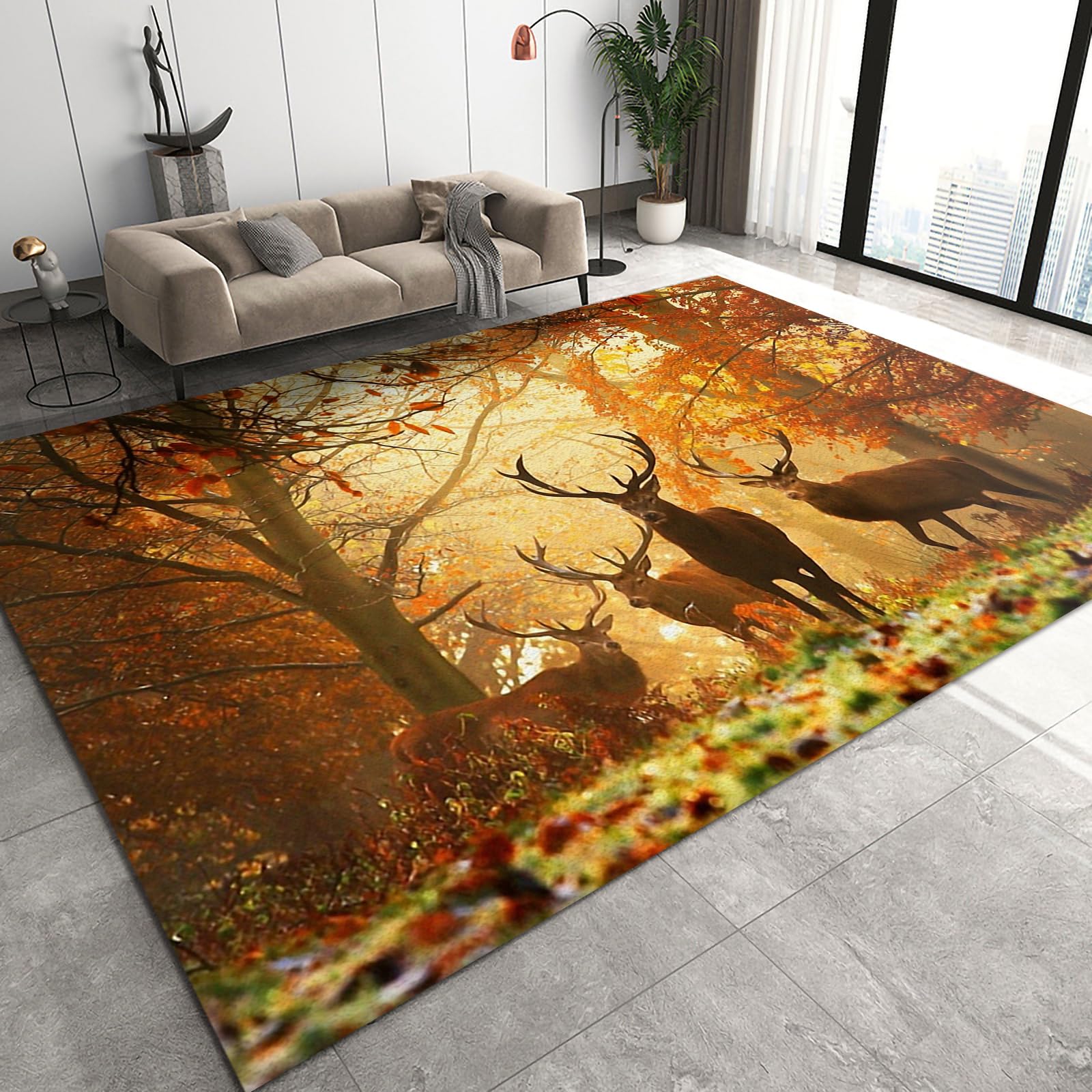 Autumn Forest Deer Animal Area Rugs, Modern Sunshine Grass Twigs Flowers Apartment Carpet, Living Room Rugs Fast Drying Machine Washable Apply to