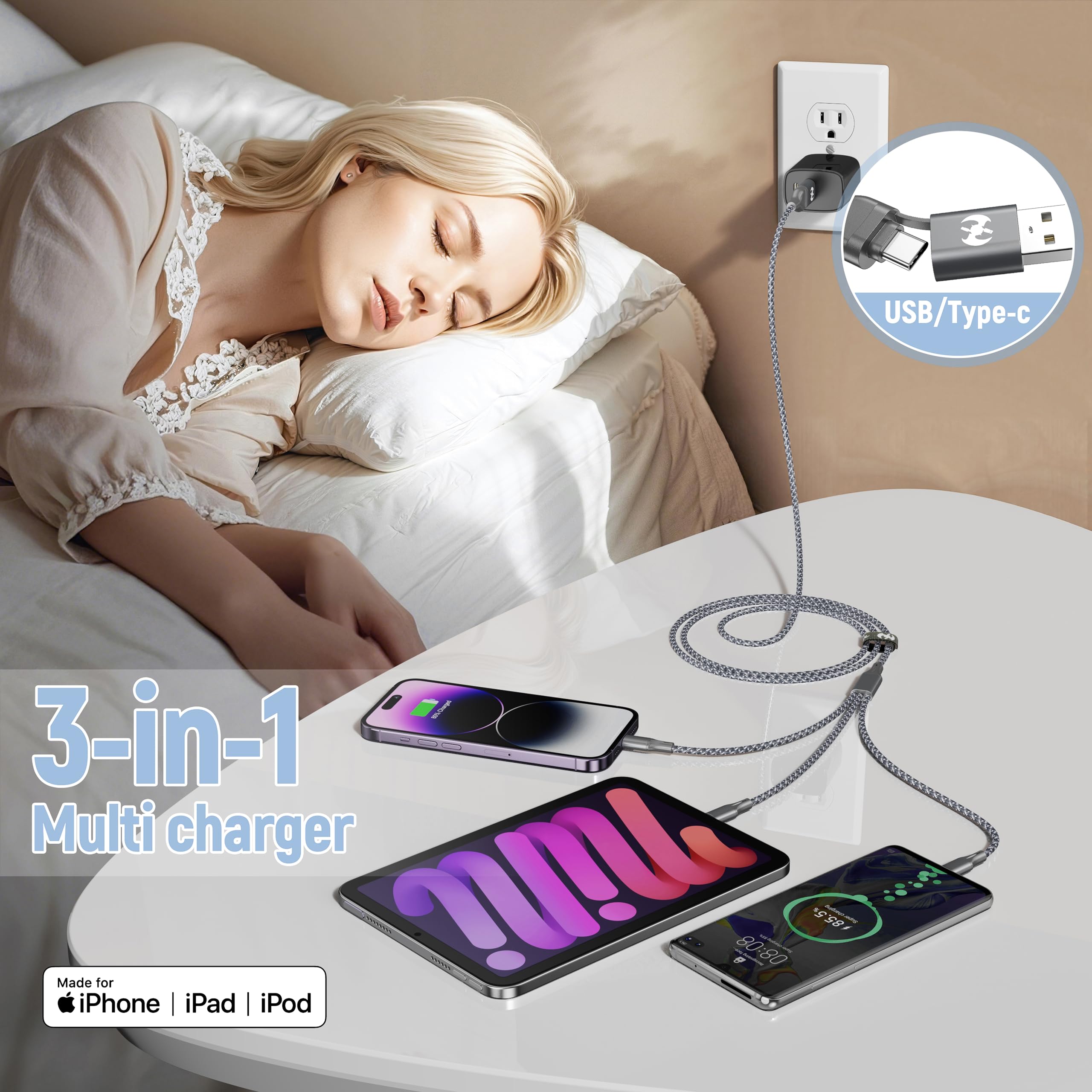 IDISON Cavo di ricarica multiplo (1,2 m, confezione da 3), cavo di ricarica 3 in 1, essenziale da viaggio, cavo intrecciato in nylon intrecciato USB A/C, cavo di ricarica per iPhone e iPhone con USB