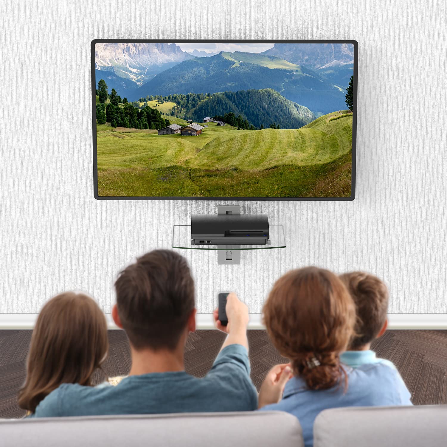 WALI Scaffali galleggianti per centri di intrattenimento, fino a 17,6 libbre, ripiano TV con vetri temperati rinforzati per lettori DVD, decoder via cavo, accessori TV (CS201S), 1 ripiano, argento