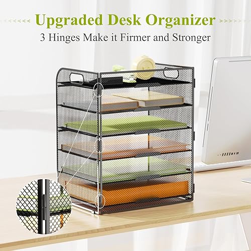 Miniatura 2 de Organizador de bandeja de papel de 6 niveles con asas, organizador de archivos de escritorio de malla, soporte clasificador de papel, bandeja de