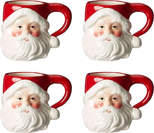 Tazas de cerámica de Navidad clásicas con cabezas de Papá Noel, color rojo y blanco, juego de 4, mediano, 5.5 x 3.9 x 4.1 pulgadas