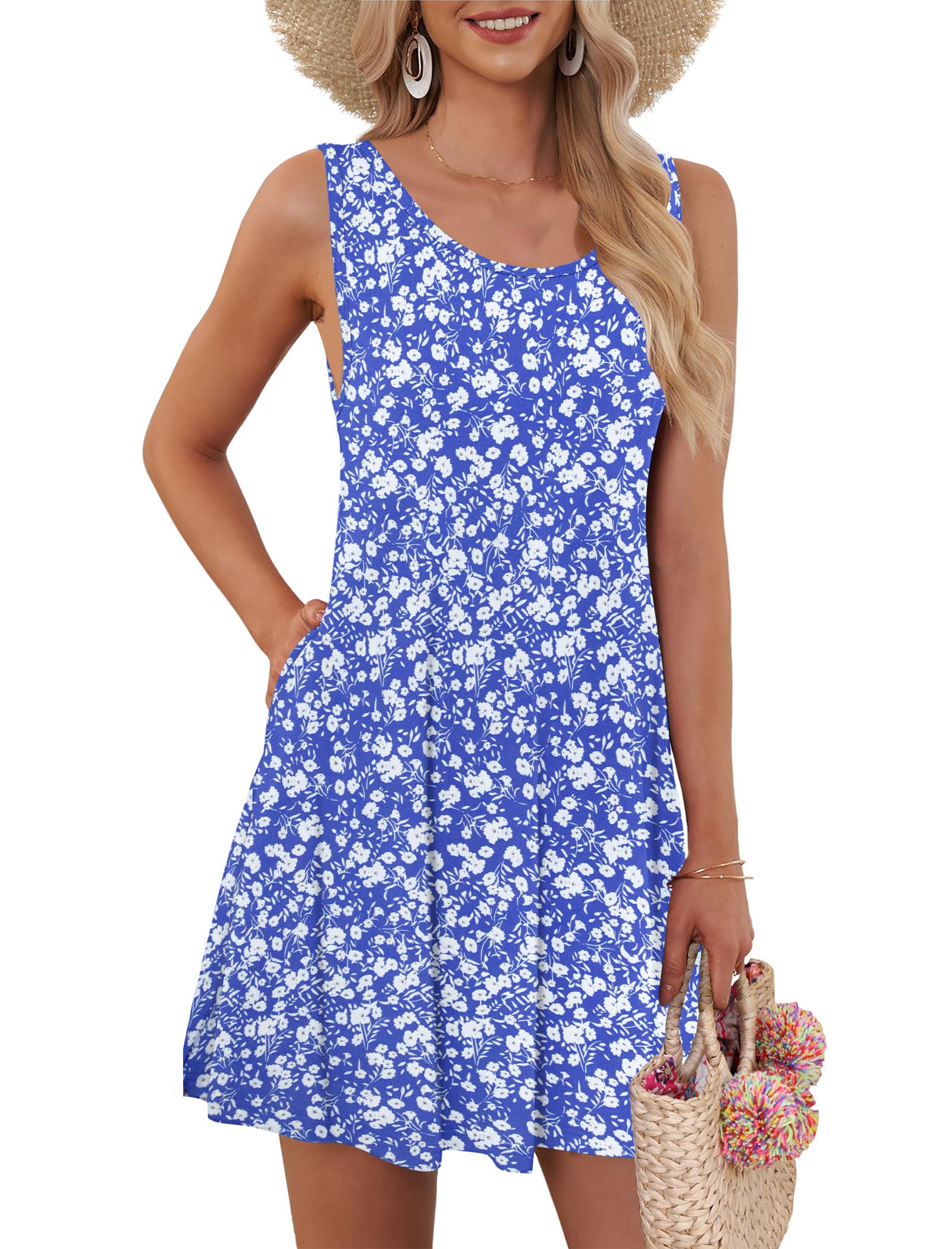 AUSELILY Beach Dresses for Women UK Mini Sleeveless Summer Dress with Pocket Blue Flowers 2XL