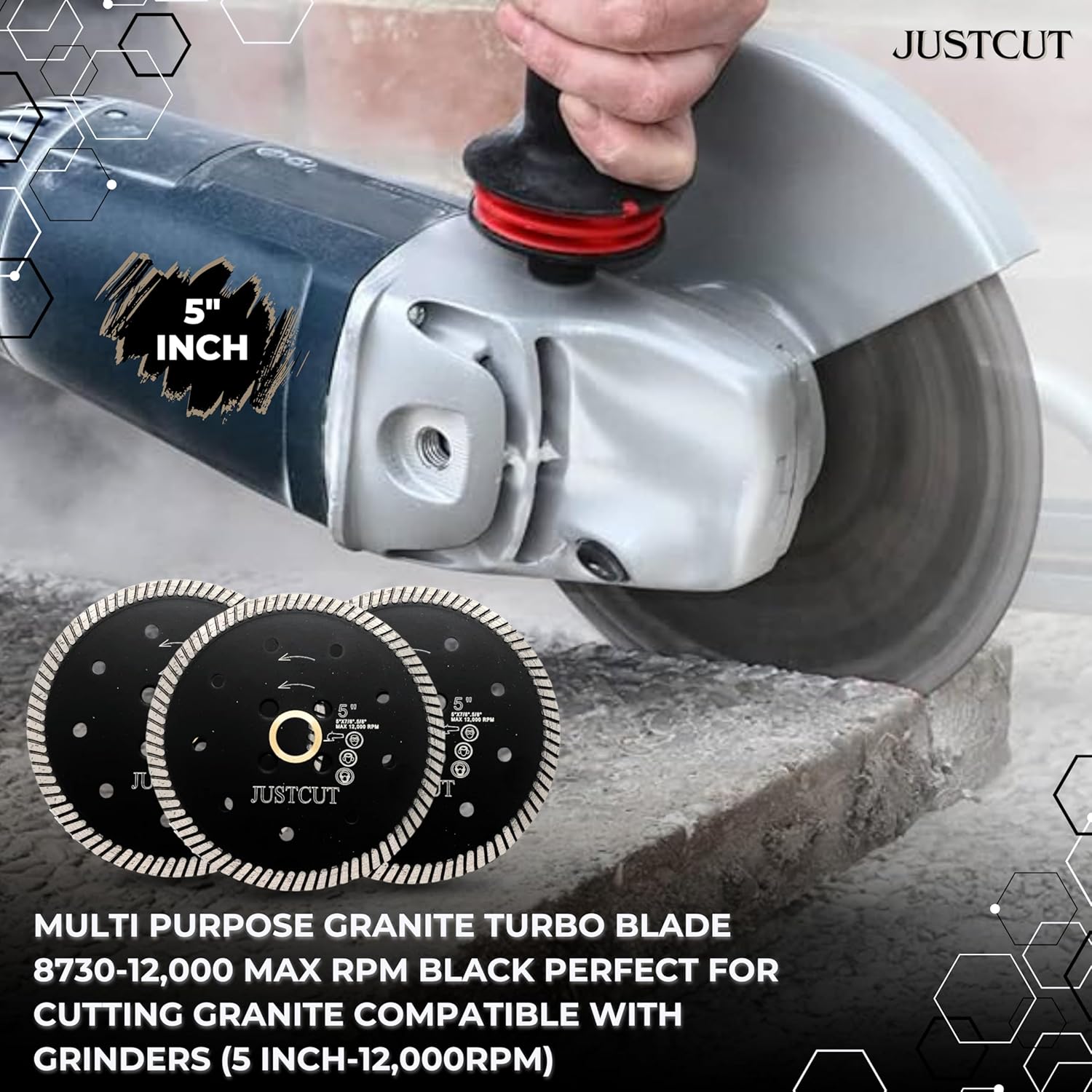 5" Granite Turbo Blade - 8730-12,000 Max RPM Compatible and Perfect Cutting Granite - Diamond Turbo Saw Blade for Angle Grinder - Concrete Saw Blade Black (5 Inch-12,000RPM)