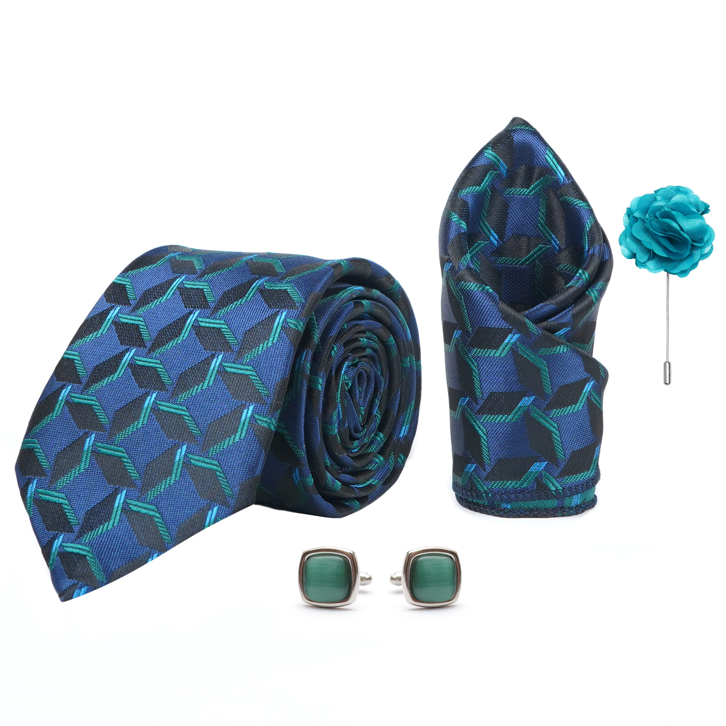 axlon Men's 3D Micro Wooven Silk Necktie Gift Set With Pocket Square Cufflinks & Brooch Pin Tie for Men Formal Tie Set with Box (Pack of 4) (AX11_15, Peacock Blue)-picture-33