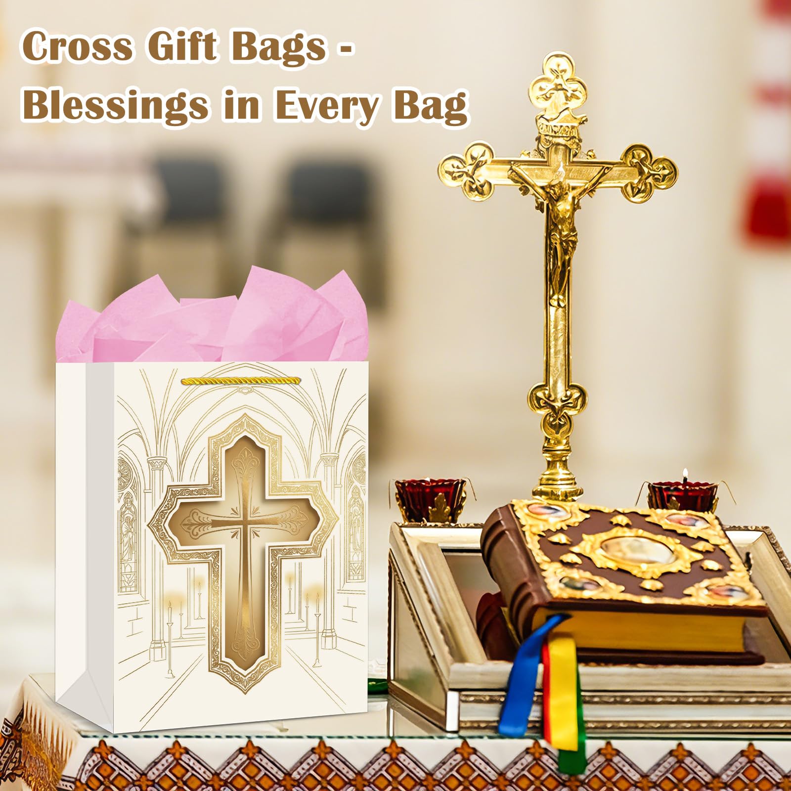FaCraft Religious Gift Bag with Tissue Paper - Gold Cross First Communion Baptism Gift Bag for Boys Girl Baby Women Men - Catholic Christian Bags with Handle for Christenings Easter Wedding Clergy Day