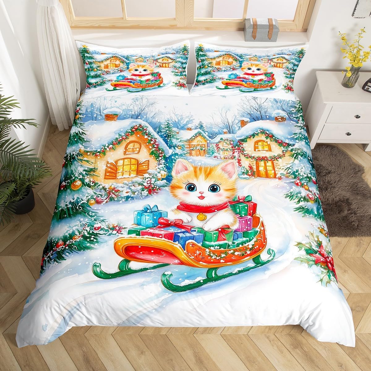 Cartoon Cat Duvet Cover Set Toddler Size,Merry Christmas Bedding Set for Kids Girls Boy Room Decor,Christmas Tree Comforter Cover 2Pcs,Rustic Christmas Cabin Xmas Animal Bedspreads Cover,1 Pillowcase