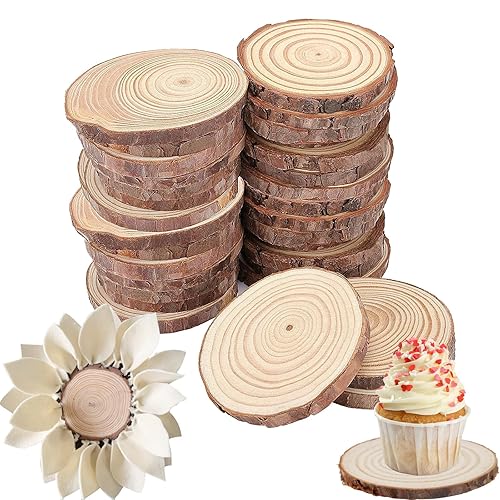 ZOENHOU 30 PCS 5.1-5.5 Inch Natural Wood Slices, 13-14cm Unfinished Round Wood Disc Coasters Wooden Slice with Bark for Centerpieces Table DIY Craft Art Painting Wedding Rustic Decoration Christmas