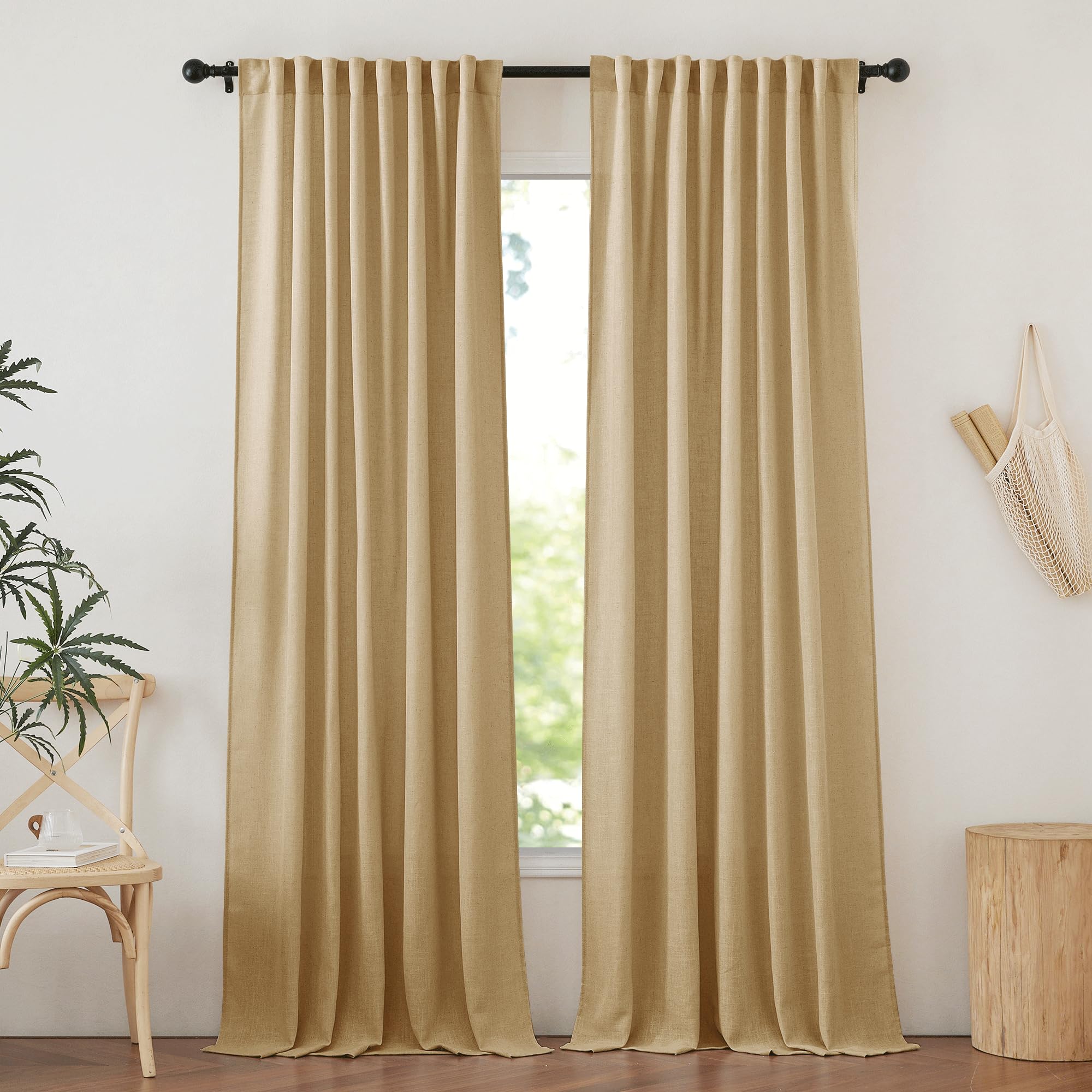 NICETOWN Linen Brown Curtains & Drapes Privacy with Light Filtering, Rod Pocket/Back Tab Flax Linen Burlap Window Treatments Vertical Drapes for Bedroom/Living Room, 52 x 84 inch, Set of 2