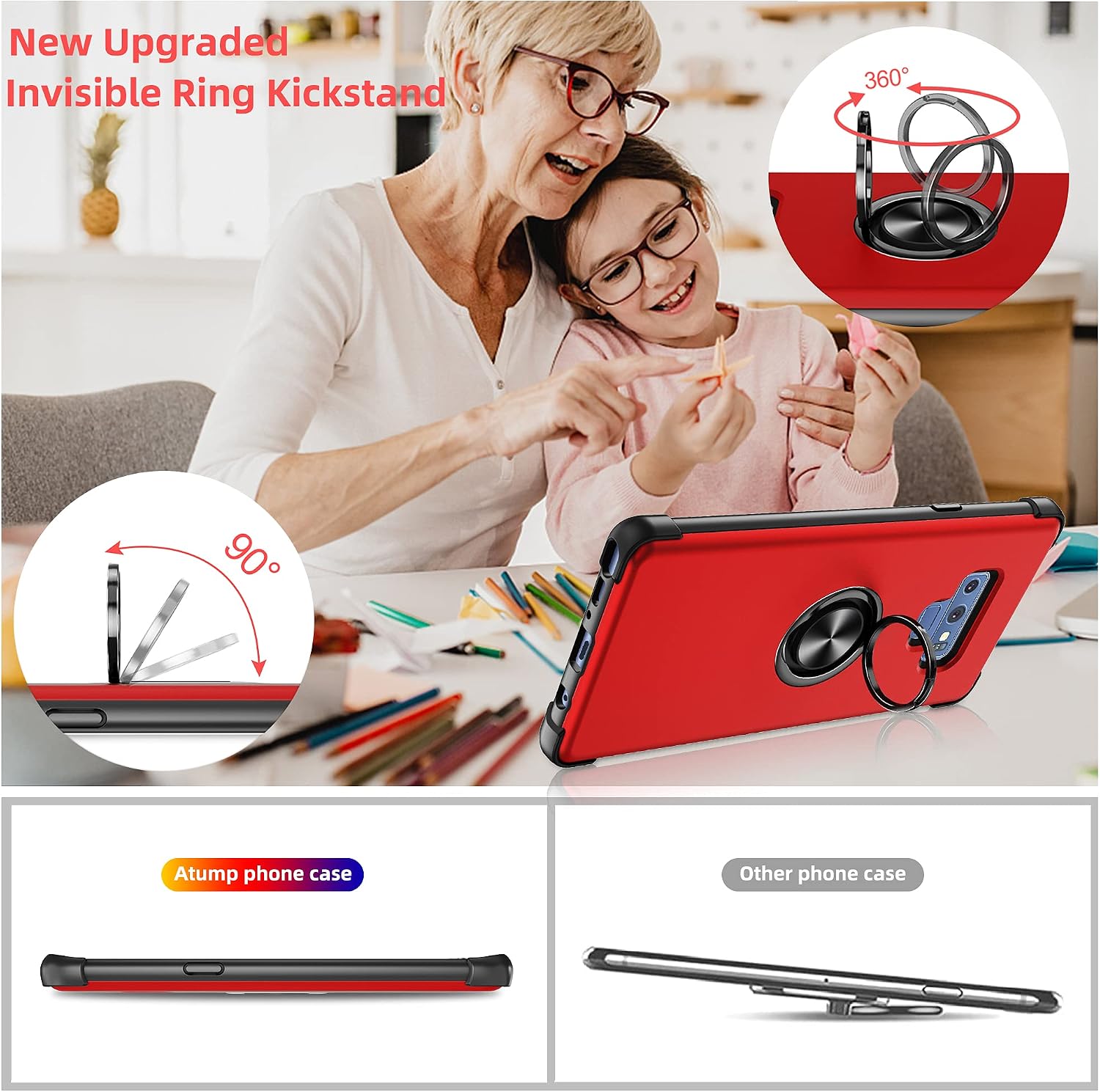 Samsung Galaxy Note 9 Case, Atump [Military-Grade] Dual Layer Shockproof Protective Phone Case with Invisible Magnetic Ring Kickstand and HD Screen Protector for Galaxy Note 9, Red