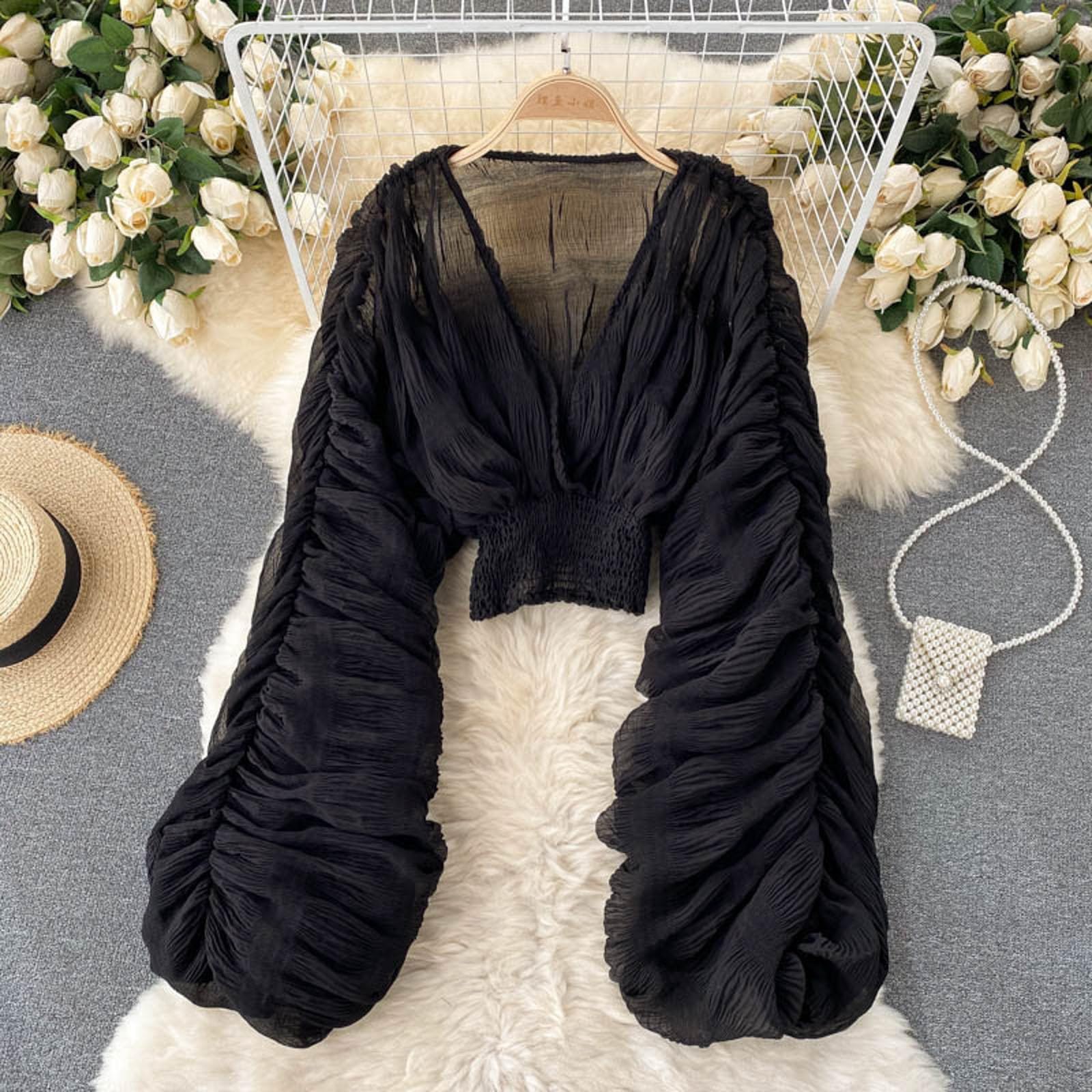 Top da donna in pizzo, a sbuffo, a maniche lunghe, con scollo a V, casual, sexy, con volant, a maniche lunghe, estivo, in pizzo, svasato, con bottoni, alla moda, top in chiffon