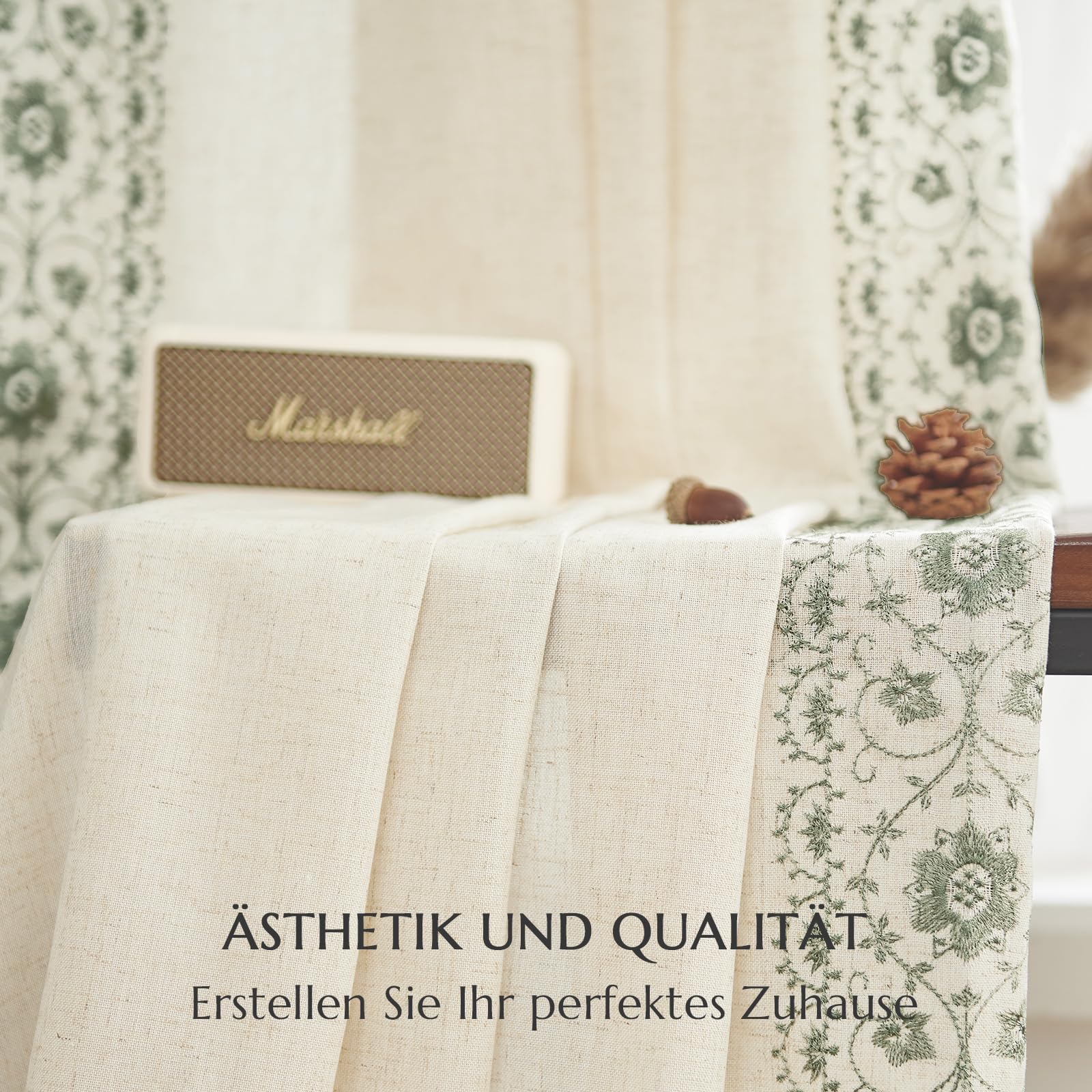 Vangao Gardinen Wohnzimmer mit Stickerei 140B x 245Hcm 2er Set Grün Beige | Boho Vintage Landhausstil Vorhänge mit Verdeckten Schlaufen Leinenoptik Lichtdurchlässig, Vorhang Schlafzimmer Kinderzimmer