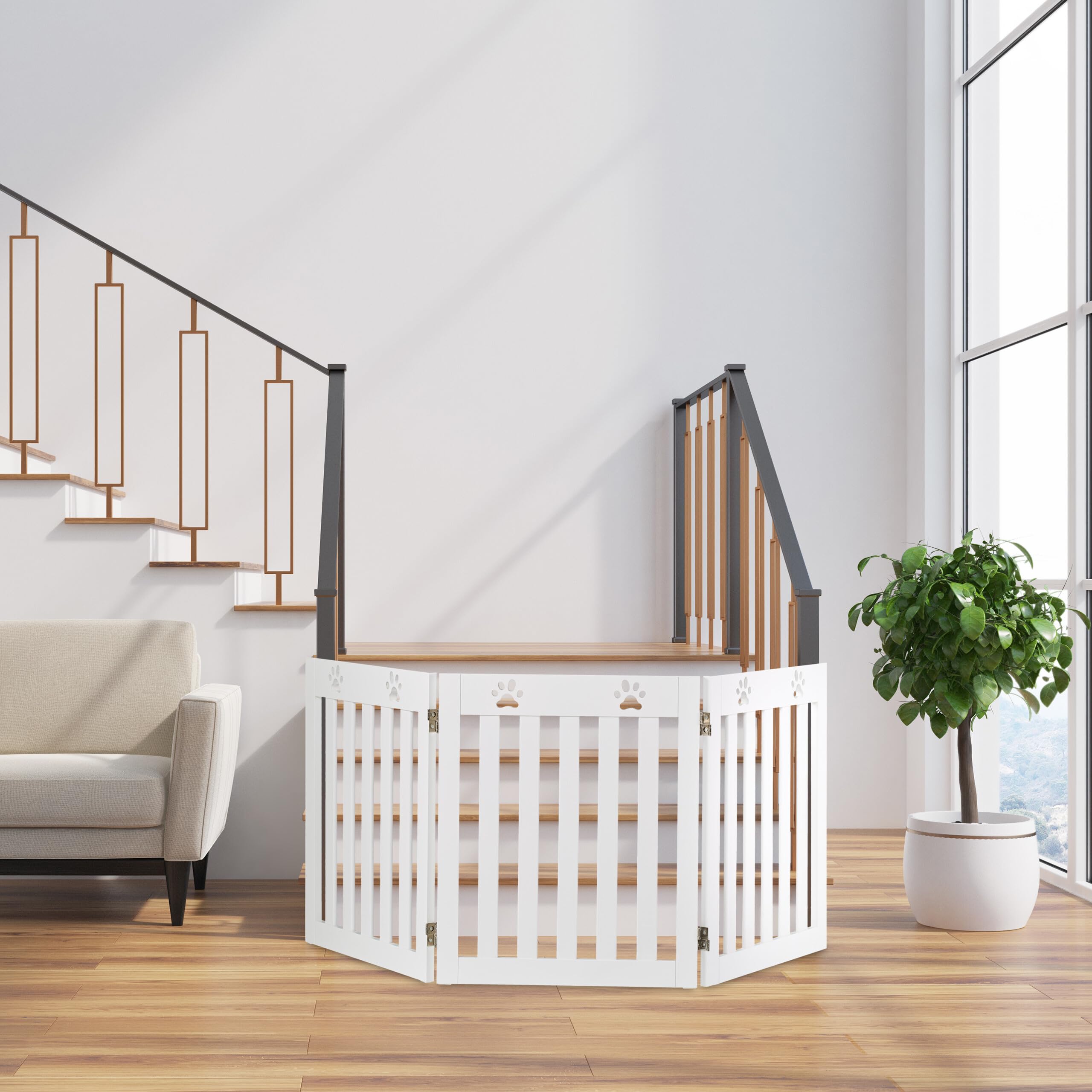 Relaxdays Valla Seguridad para Perros, Barrera de Escalera, Reja Protectora Autónoma, 60 x 153 cm, MDF, Plegable, Blanco, Tablero de Fibras