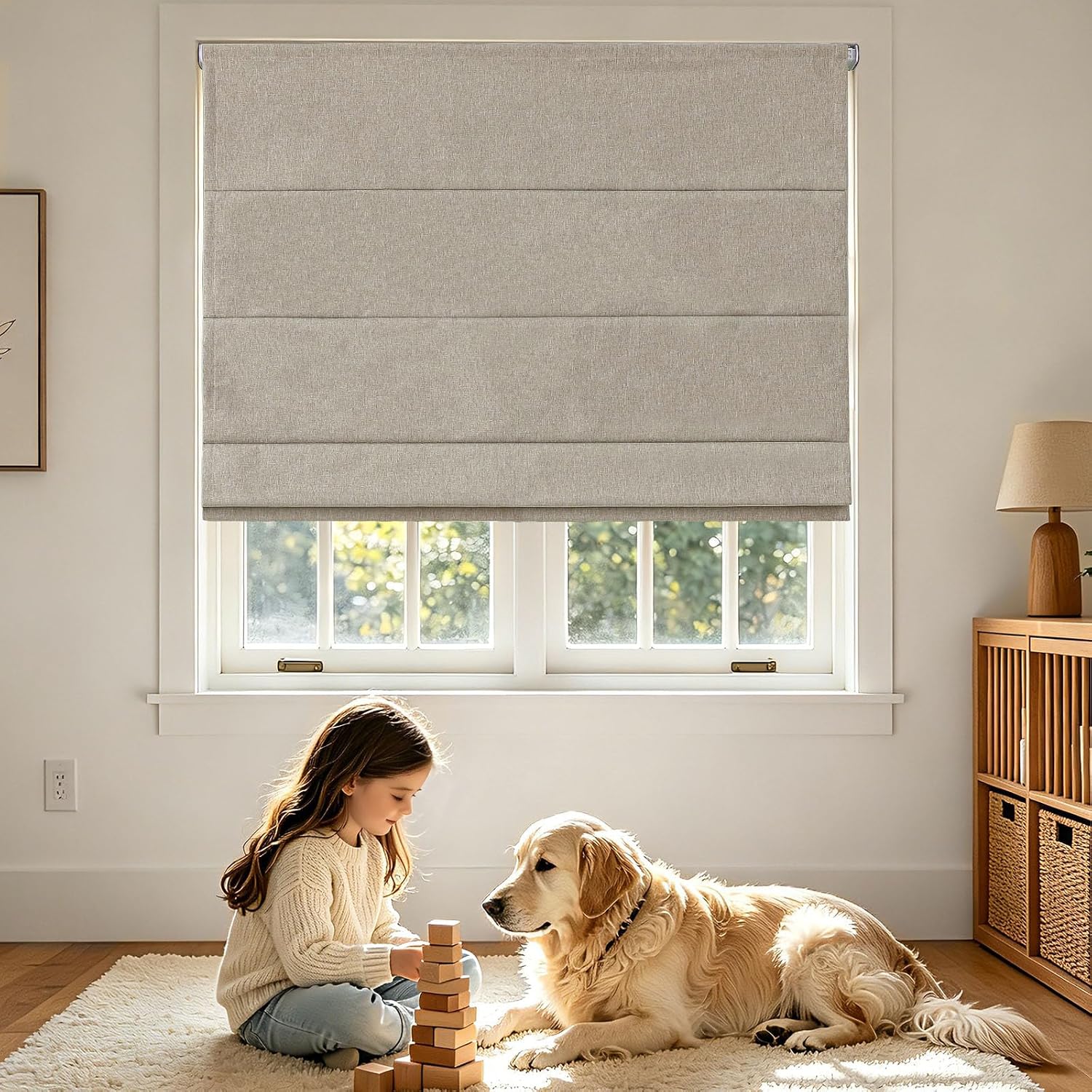 Joydeco Blackout Cordless Roman Shades No Drill, 34.5" W × 72" H, Linen
