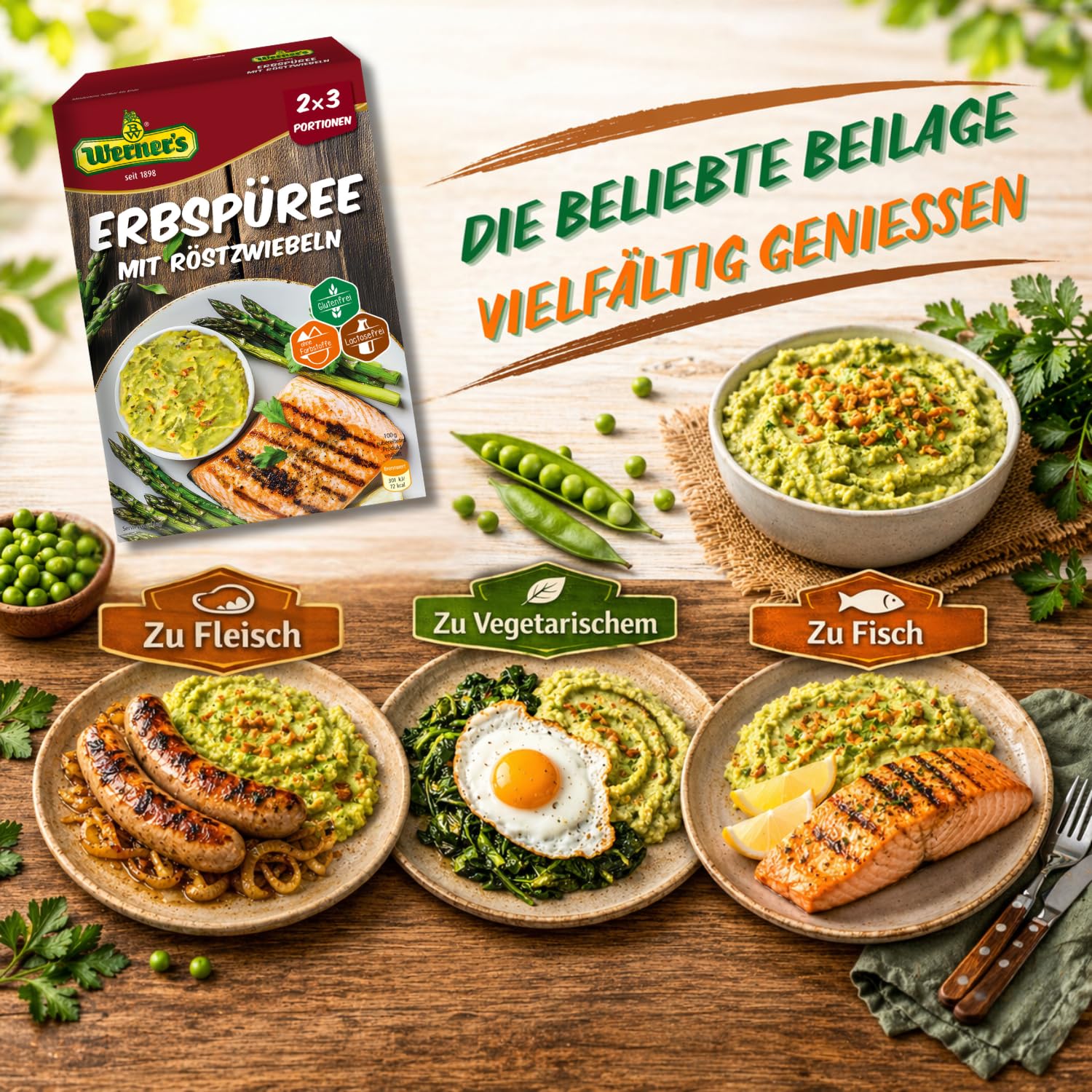 Werner´s Erbspüree mit Röstzwiebeln, 2x3 Portionen, 8 Packungen pro Karton, Glutenfrei, laktosefrei, ohne Farbstoffe, ohne zugesetzte Aromen, Mikrowellengeeignet,