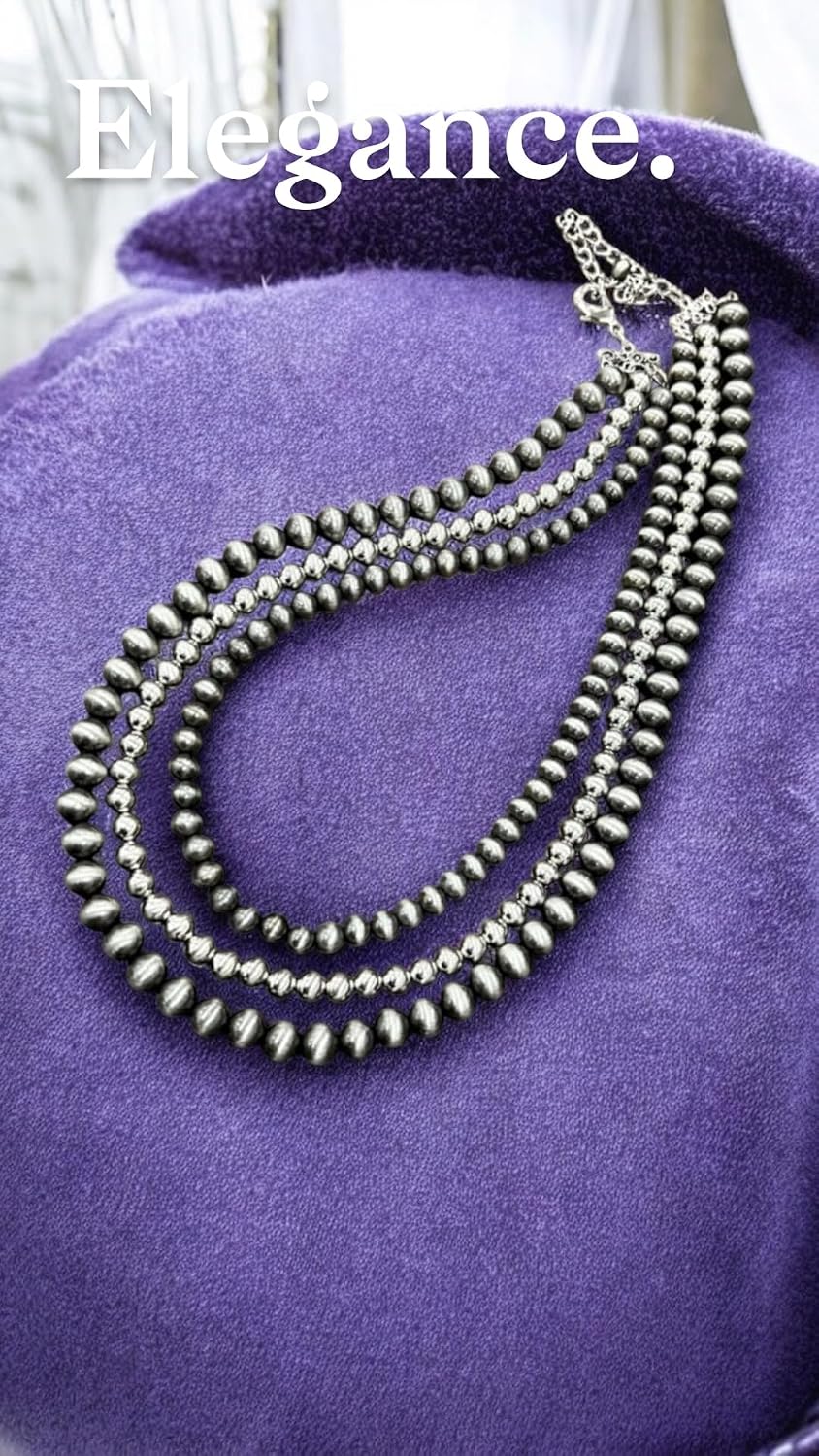 Handmade 3-Strand Silver & Navajo Bead Necklace, Layered Polished Silver Bead Necklace 738350