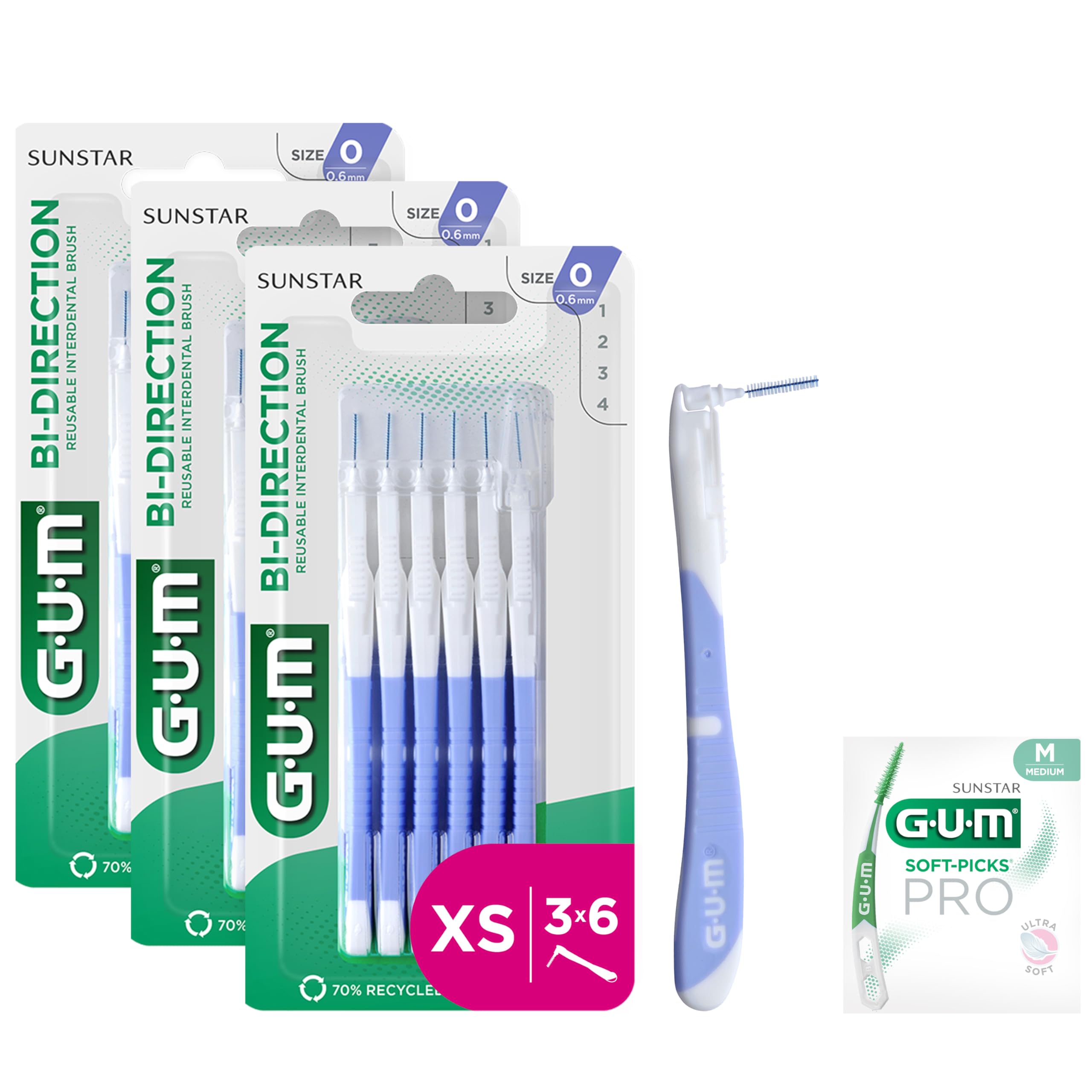 GUM BI-DIRECTION Scovolini interdentali a doppia posizione | Posizionamento a 90 gradi | pulizia dei denti e rimozione della placca | 0.6mm, ISO 0 | Taglia XS |​ Confezione 3x6 + 1 campione gratuito
