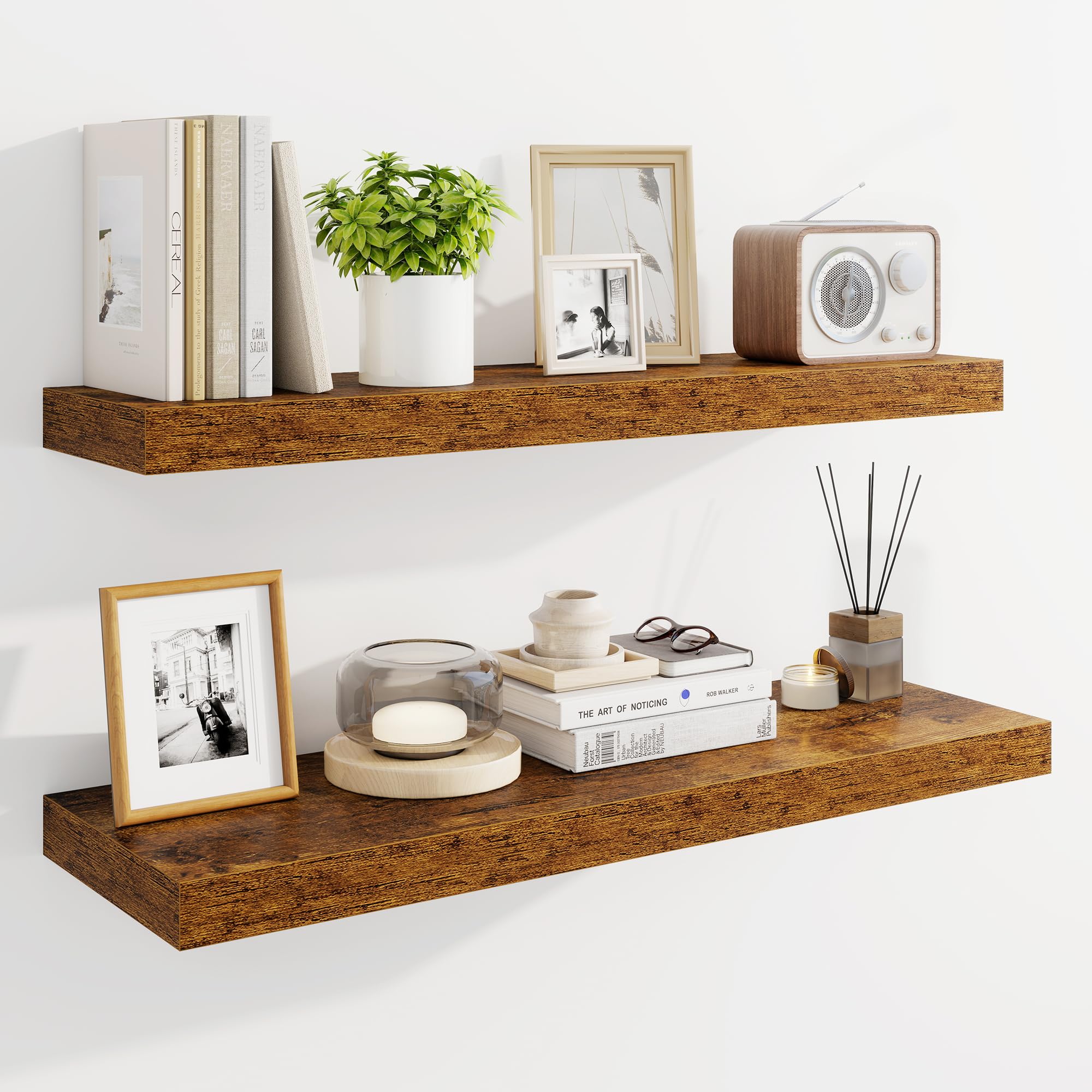 Marsmiles 80cm Floating Shelves for Wall, Wooden Shelves with Invisible Brackets Set of 2, Rustic Farmhouse Wall Mounted Shelf for Kitchen Bathroom Living Room Study, Rustic Brown — image 1