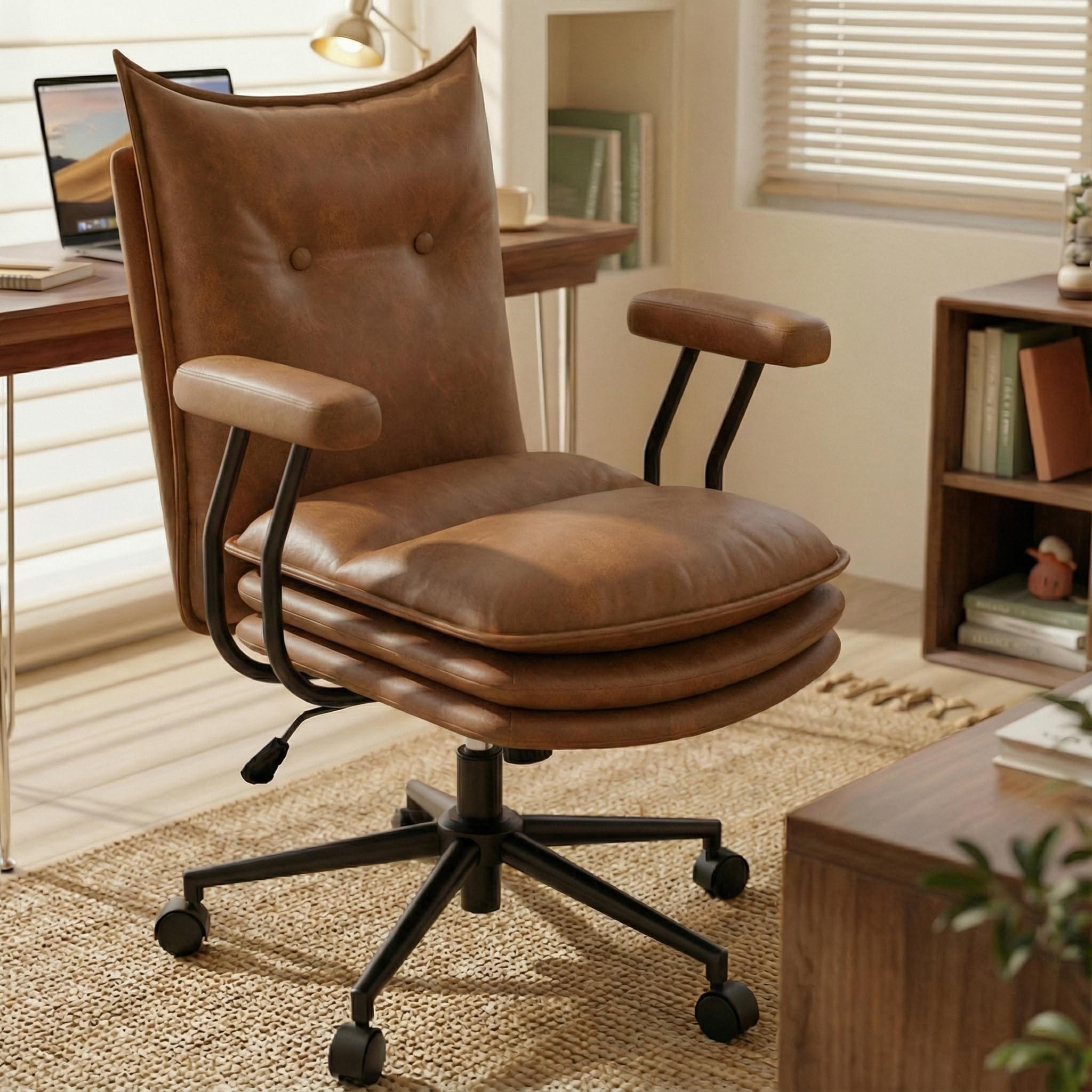 Brown Office Chair with Triple-Layers Thicken Wide Seat Mid Back Leather Desk Chair with Wheels and Arms Mid-Century