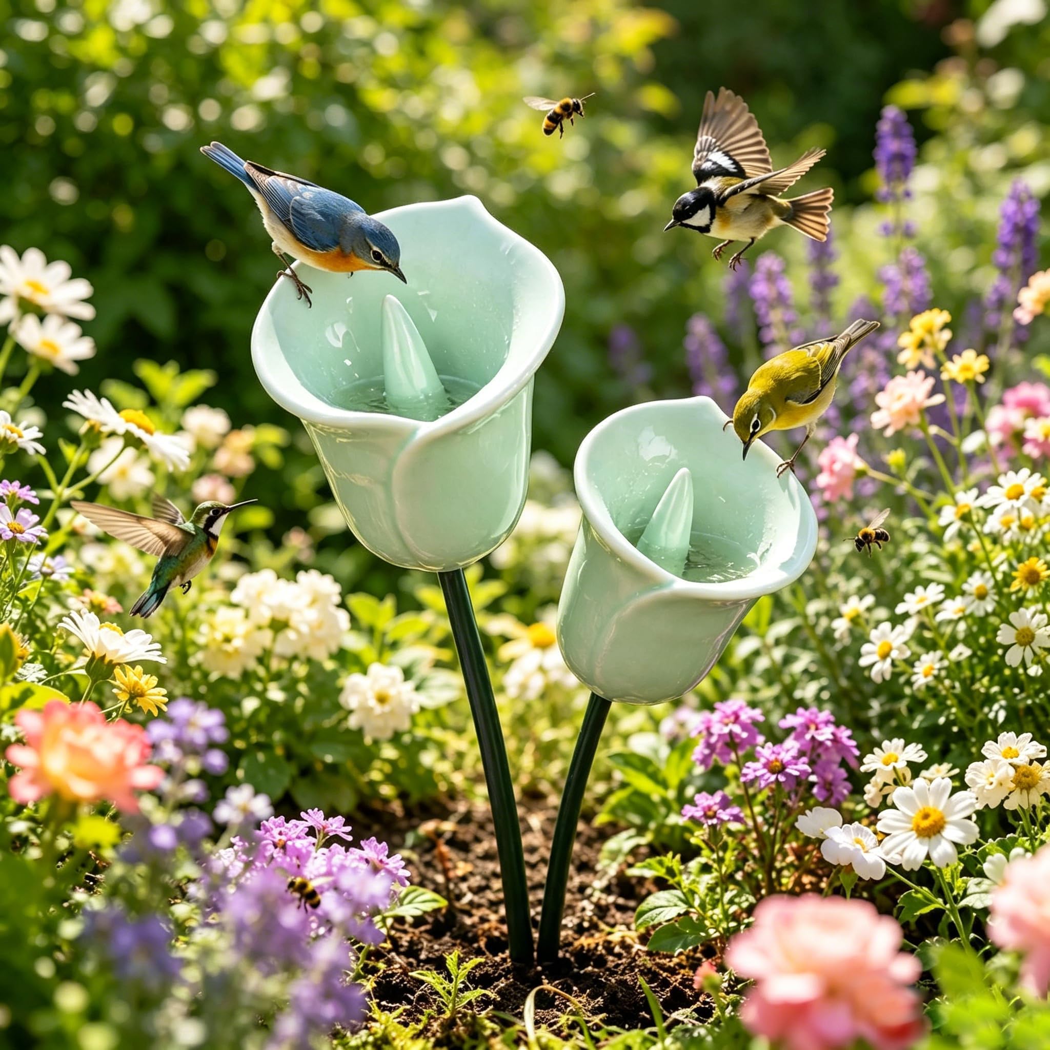 Bee Watering Station For Garden, Ceramic Flowers For Bees, Handmade Ceramic Mini Pollinator Watering Station,Small Outdoor Garden Stake Yard Art Decor Gift for Patio Lawn Balcony Pots (2pcs-B)