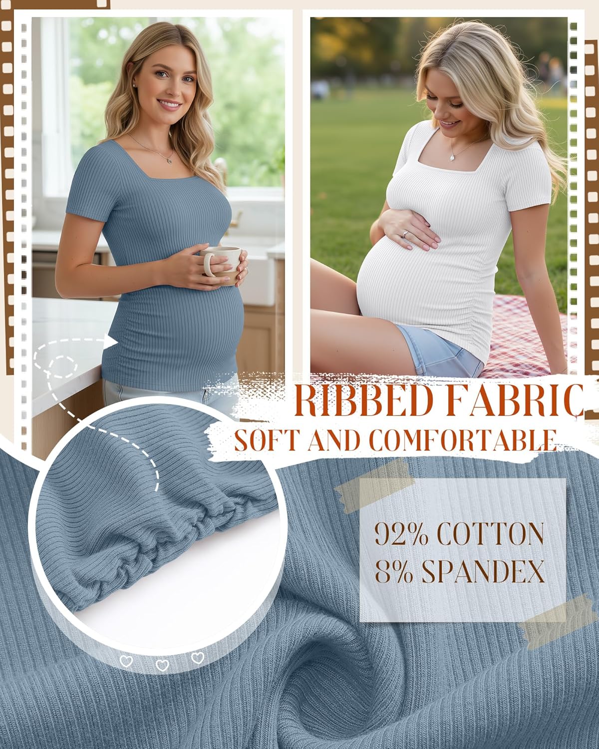 Huukeay 4 Pack Women's Maternity Shirts Cotton Ribbed Short Sleeve Square Neck Pregnancy Tops Side Ruched Summer Tee - Image 5