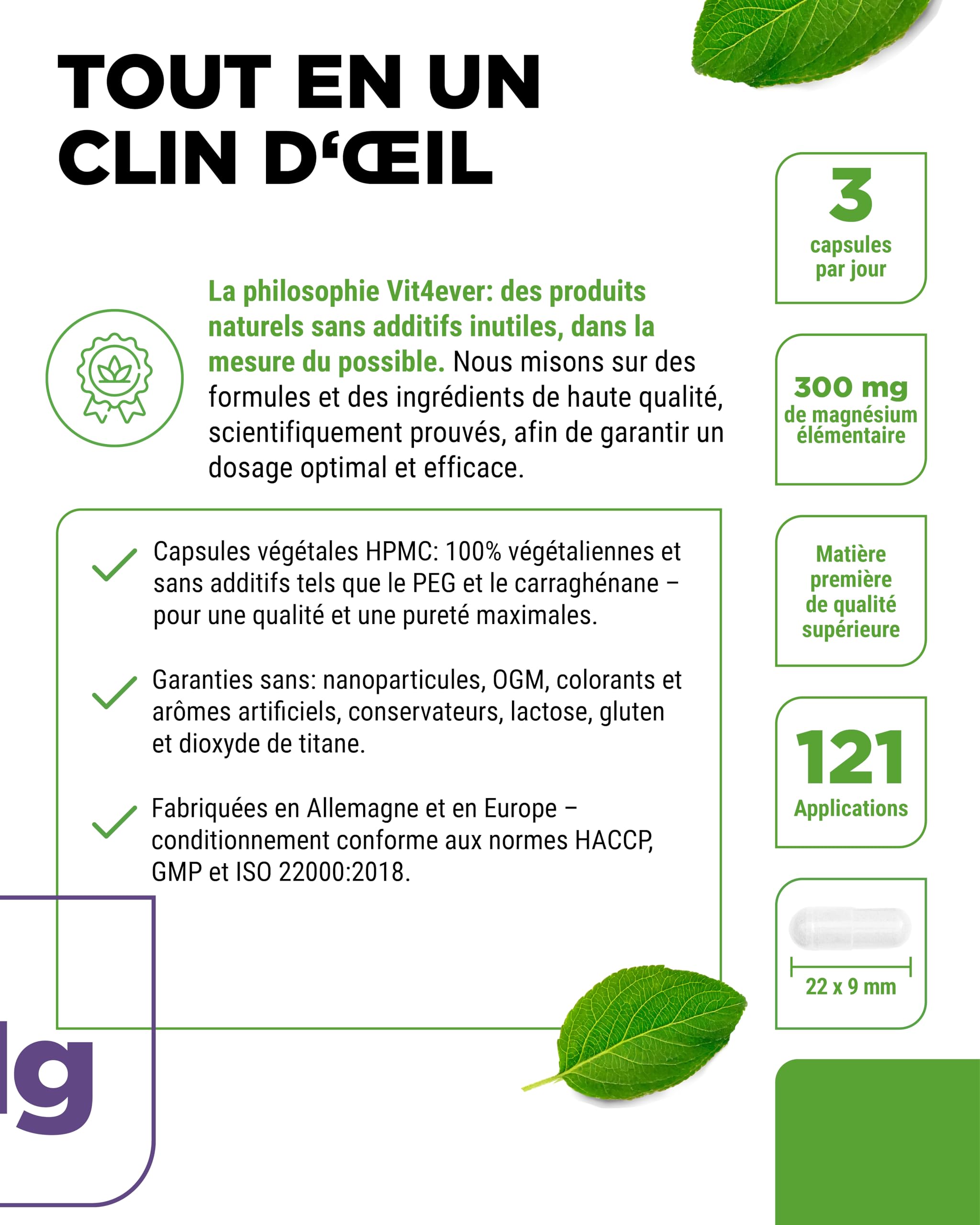 Bisglycinate de Magnésium - 365 Gélules - 300 mg de Magnésium Elémentaire par Dose journalière - Premium : Magnésium Chélaté - Vegan - Hautement Dosé
