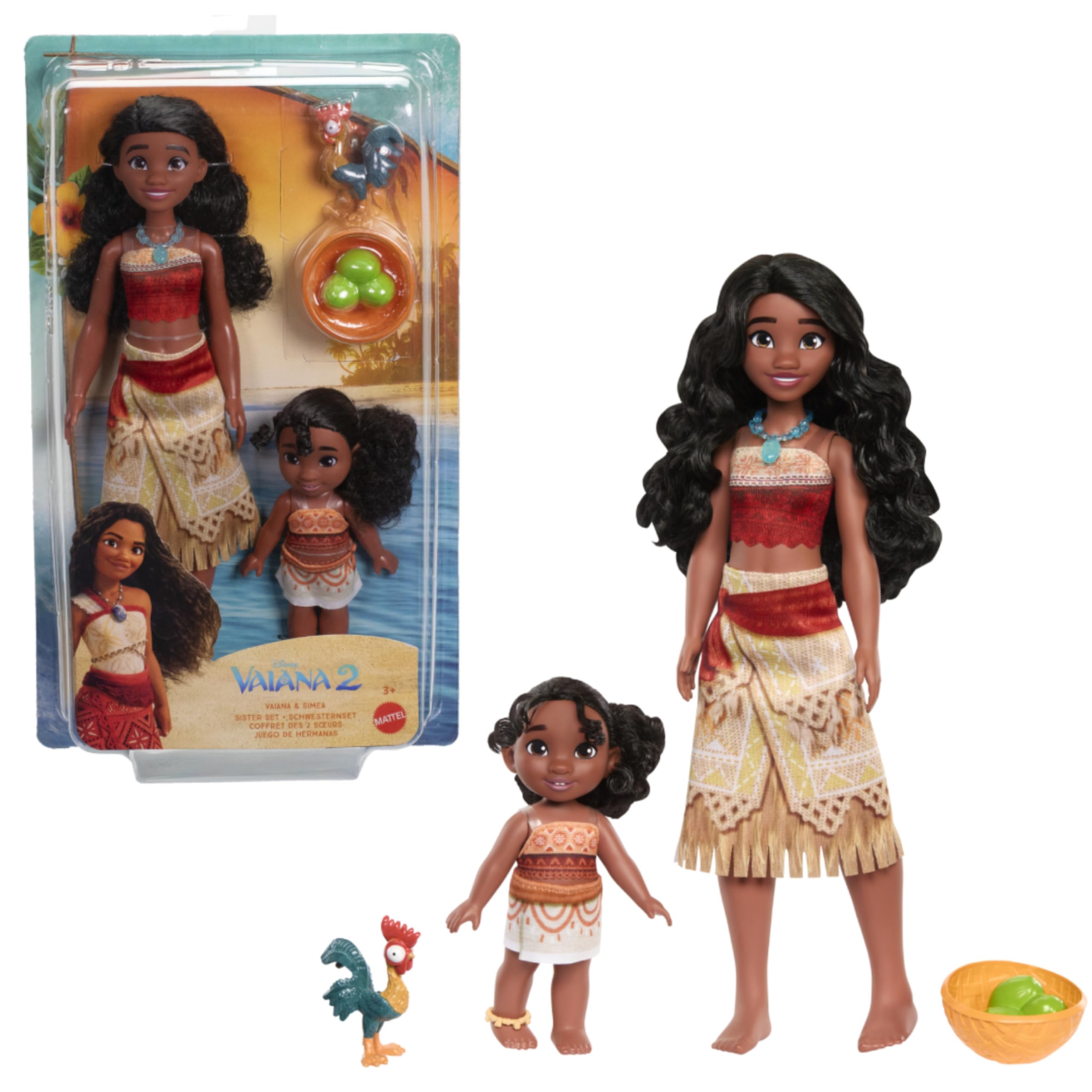 Mattel Disney Vaiana 2 Siostry Lalki 2-pak Zestaw z 2 lalkami modowymi w charakterystycznych stylizacjach, figurką zwierzątka Heihei i koszykiem, zabawki inspirowane filmem, JBT66