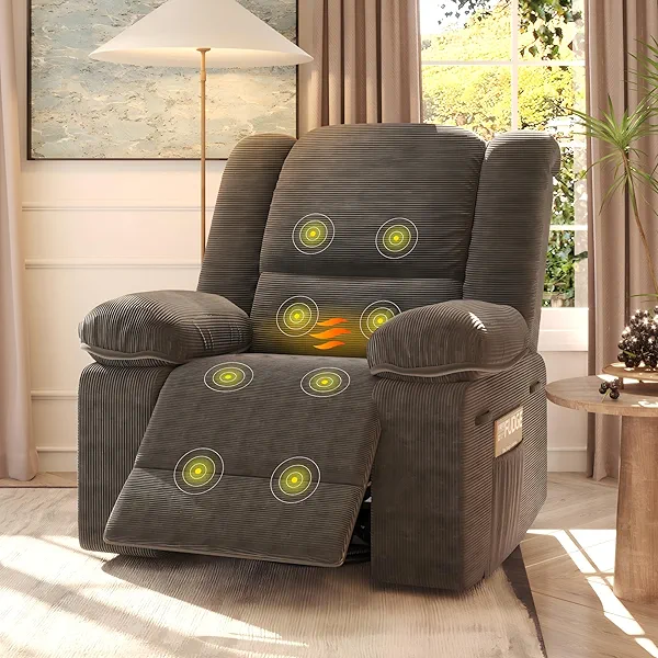 FLEXISPOT 360° Swivel Rocker Recliner with Massage & Heat for Adults, Manual Rocking Chair with USB Port & Side Pocket, Swivel Glider Recliner for Living Room Apartment Small Spaces, Brown