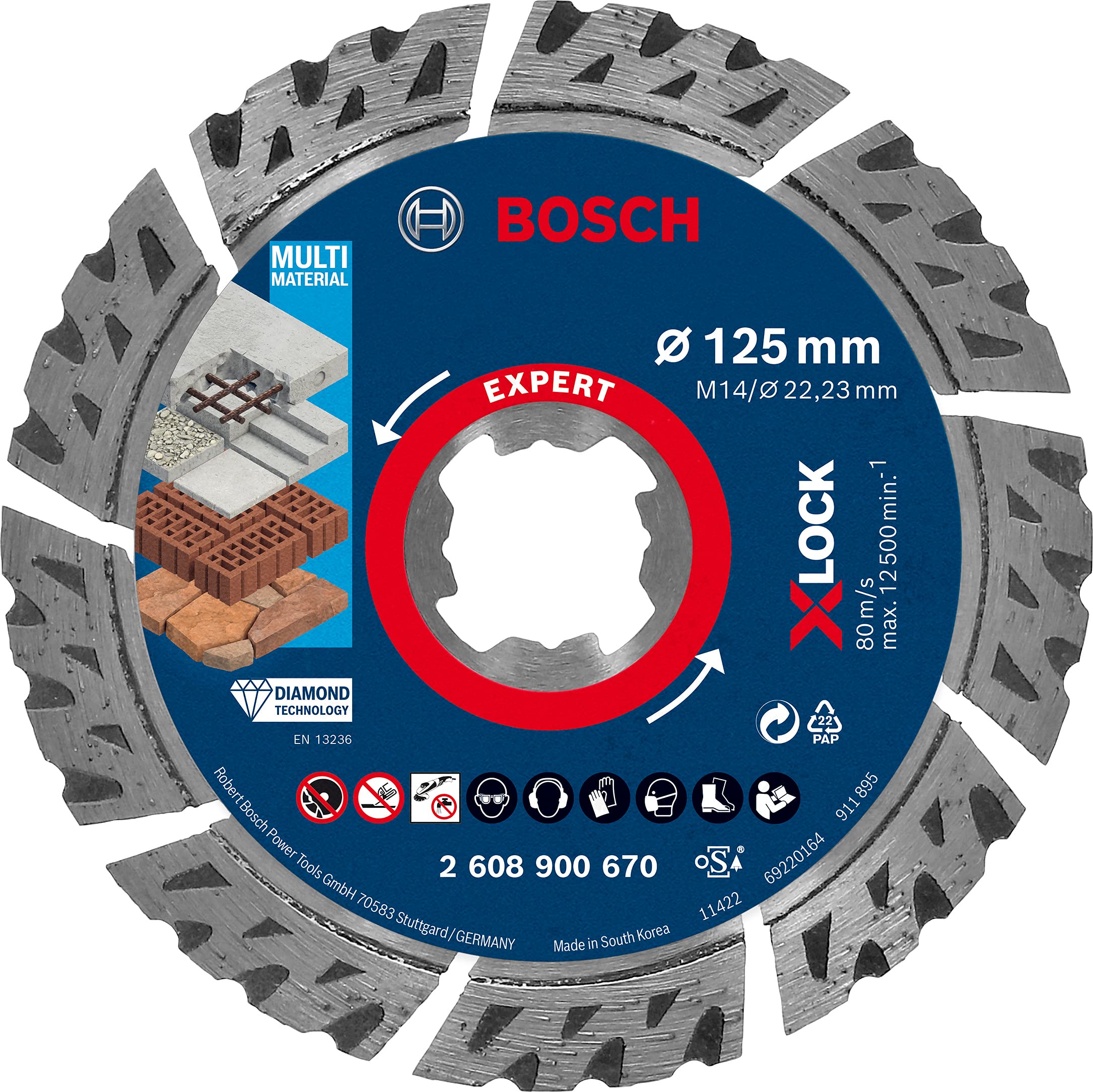 BOSCHProfessional 1x Expert MultiMaterial X-LOCK Diamond Cutting Disc (for Concrete, Ø 125 mm, Accessories Small Angle Grinder)