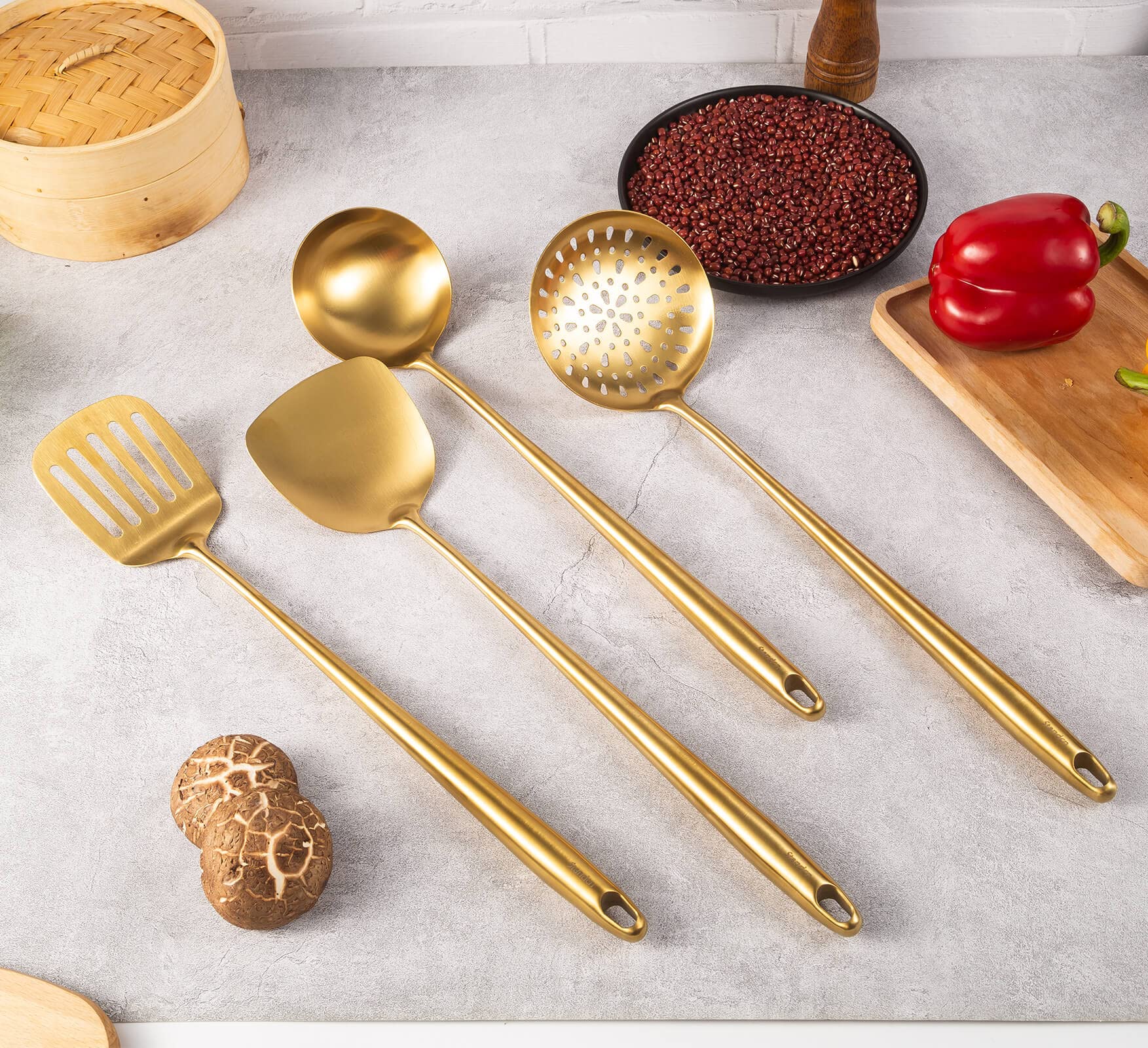 Juego de utensilios de cocina de acero inoxidable dorado de 17 pulgadas, Standcn 4 piezas de mango largo resistente al calor, espátula Wok, cucharón, cuchara ranurada, espátula ranurada