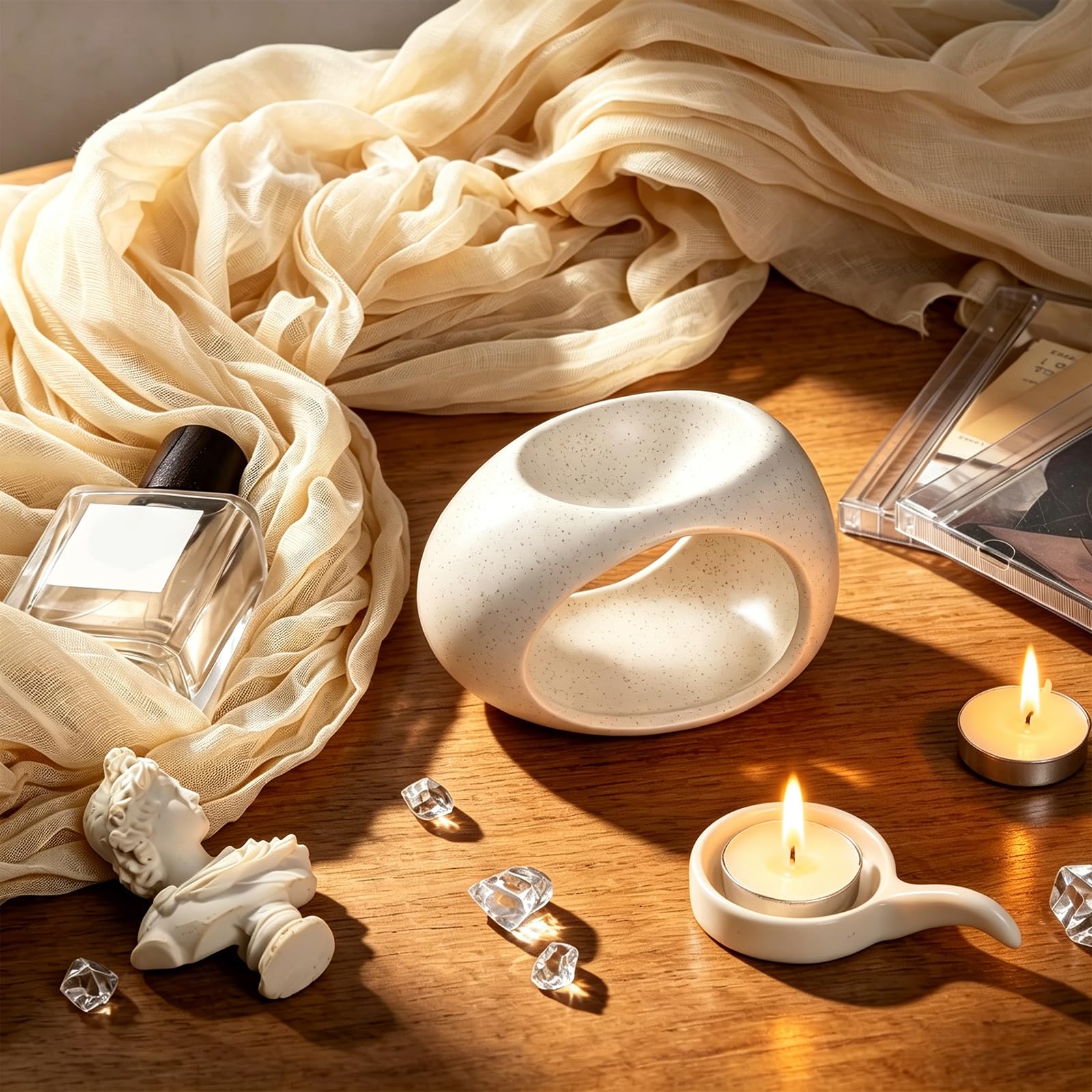 Quemador de aceites Esenciales de cerámica, Calentador de aceites para aromaterapia con Vela pequeña, difusor de Aromas para Incienso, Ideal para SPA en casa, Yoga, meditación Blanco