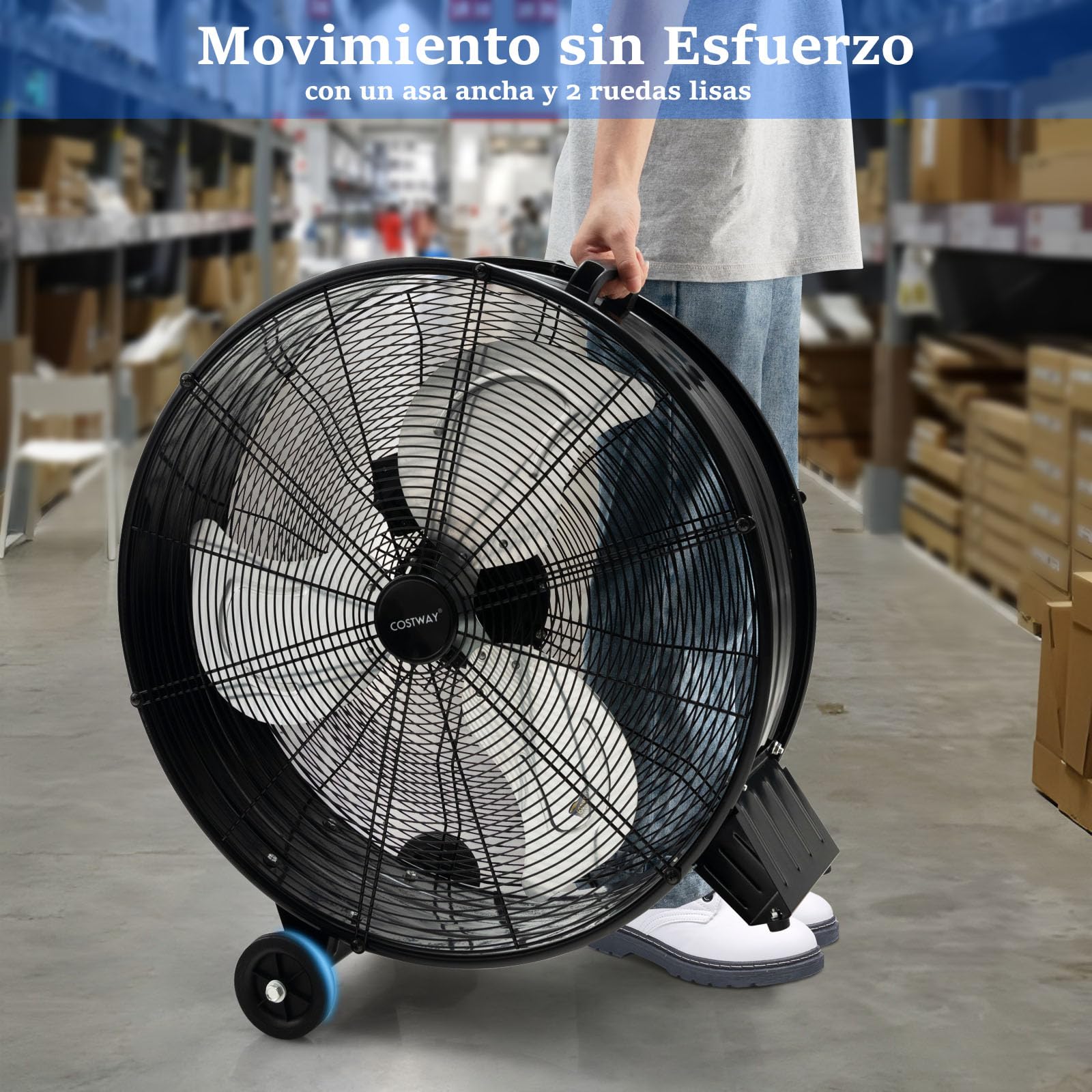 RELAX4LIFE Ventilador de Suelo 180W de Φ60cm con 3 Velocidades Ajustables, Ventilador de Tambor de Aluminio y Hierro con 1 Asa y 2 Ruedas para Fábrica, Tienda, Cobertizo (Negro)