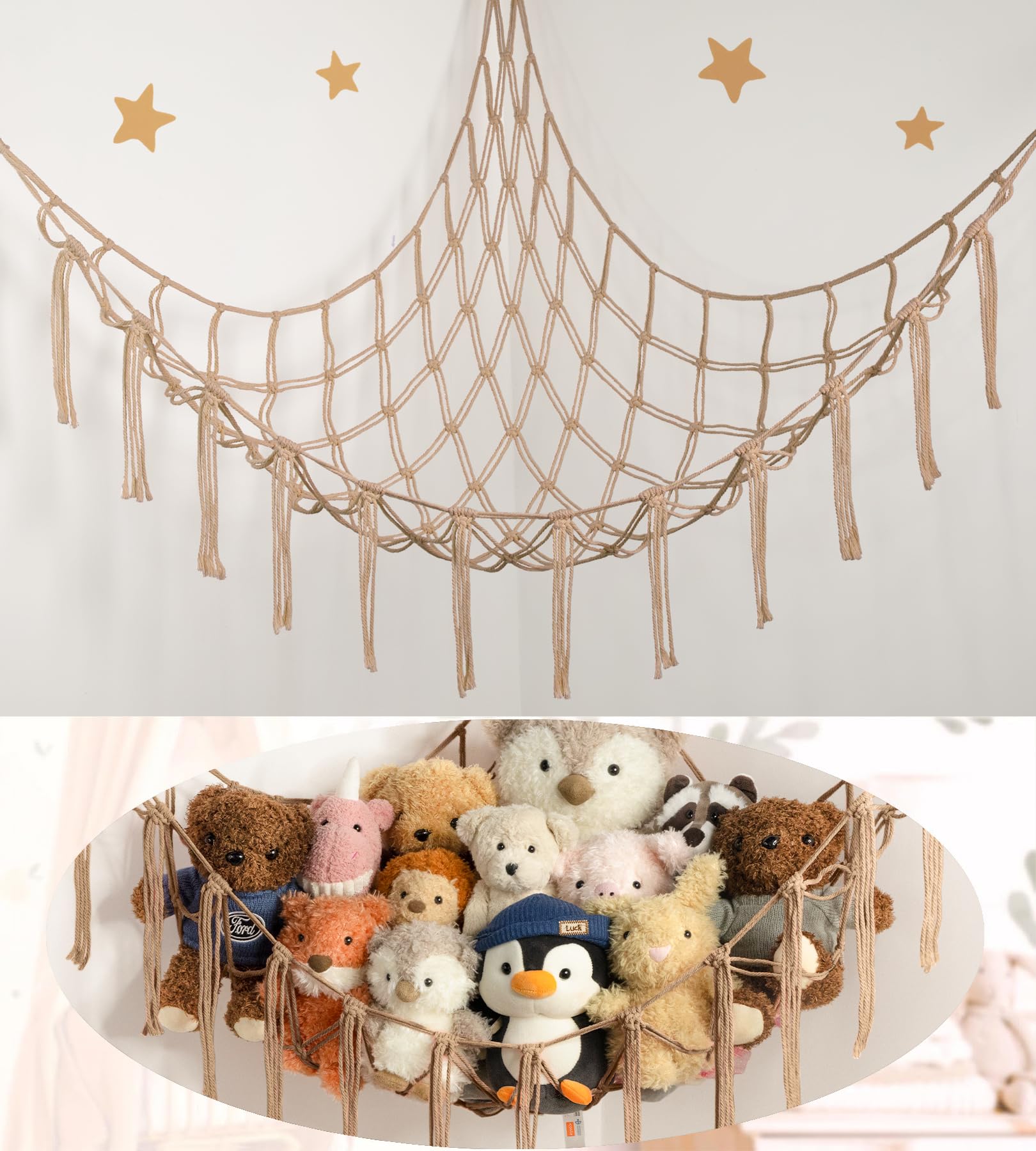 Stuffed Animal Storage Hammock or Net Corner - Large Toy Hammock Net for Stuffed Animals Room Decor - Cute Stuff Animal Organizer Plush Holder - Kids Baby Nursery Essentials Wall Bedroom Home Decor