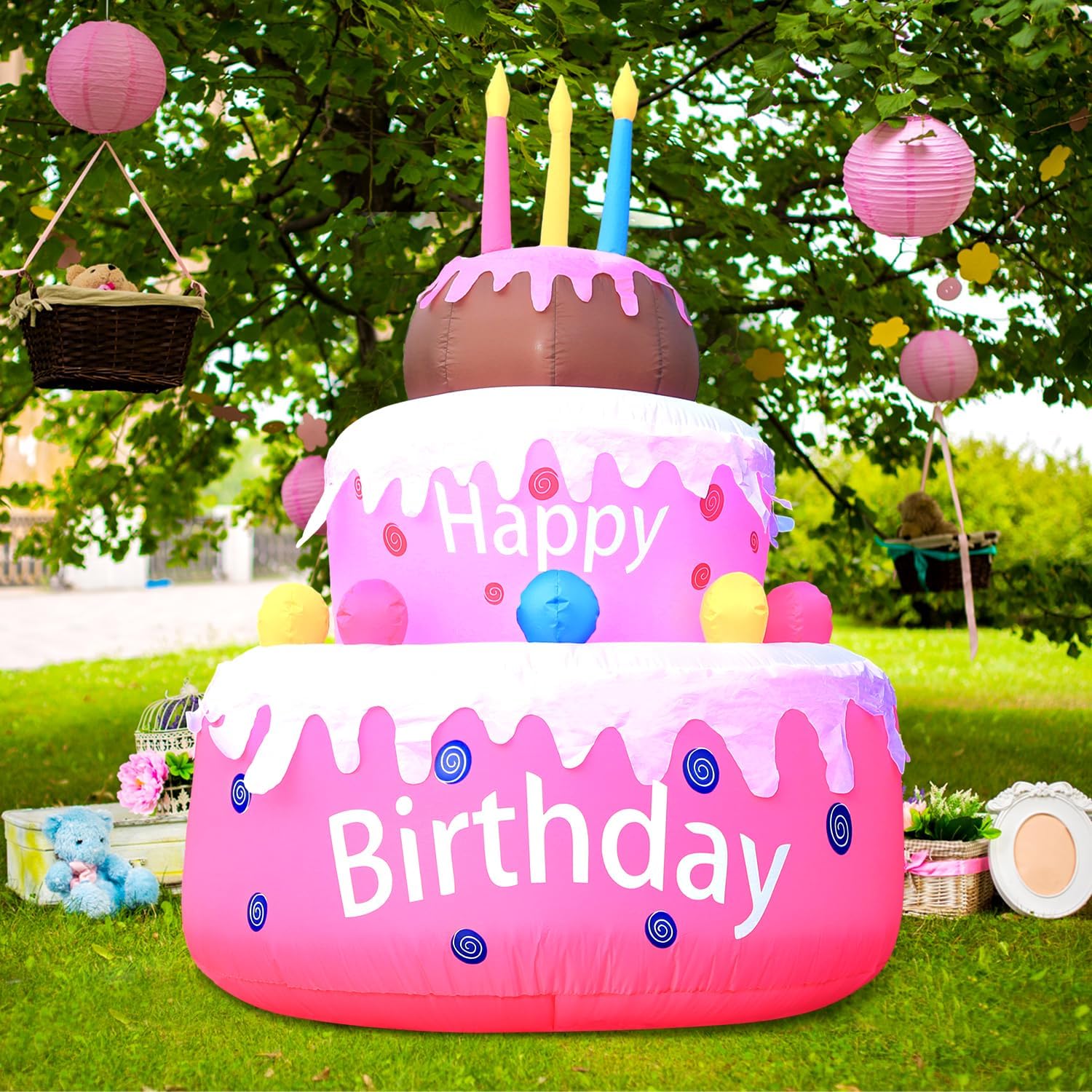 DomKom [New] 5.5FT Large Inflatables Birthday Cake Outdoor Decorations with Candles,Build-in LED Lights, for Happy Birthday Party Outdoor,Indoor,Garden Yard Lawn Decor