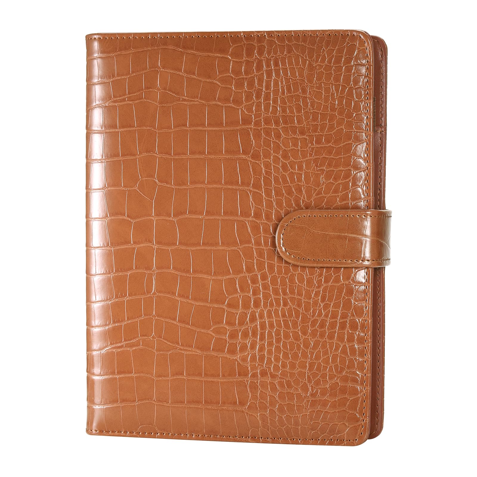 JIANTA A5 Faux Crocodile Leather Ring Binder, Refillable 6 Ring Binder Cover for A5 Filler Paper, Budget Binder Notebook Binder Pockets for Travel, Work (Brown, Inner Paper Not Included)
