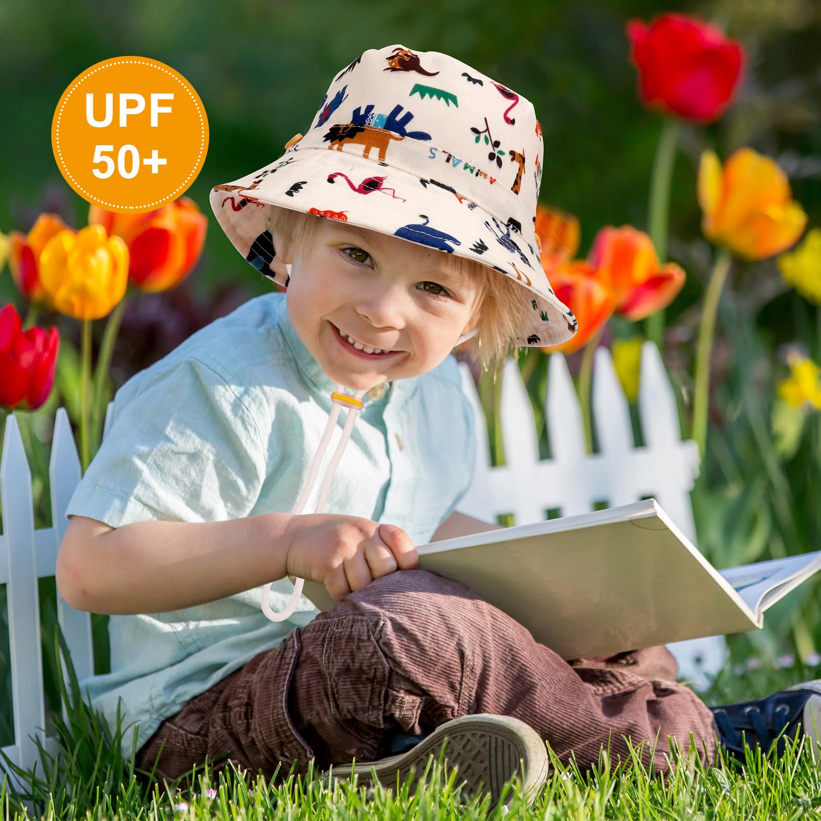 2 Pieces Toddler Sun Hat Kids Bucket Sun Hat Baby Cute Print Summer Hat with Adjustable Head Drawstring and Chin Strap Outdoor Kids Summer Protection Bucket Hats — view 6
