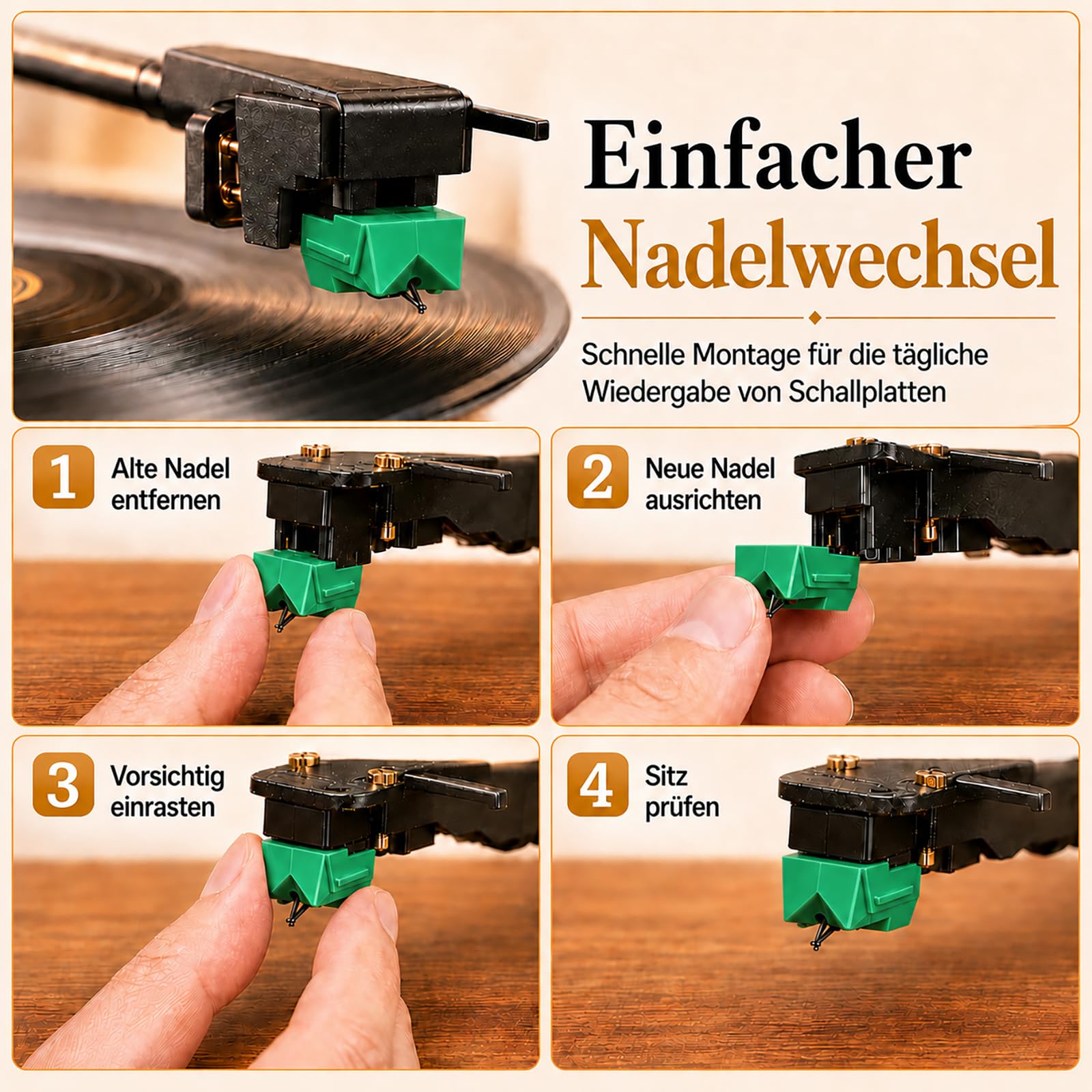 Ersatznadel für Plattenspieler kompatibel mit VM95 Serie, Diamantspitze Vinyl Nadel, Einfache Montage, Schont Schallplatten, Hochwertiger Tonabnehmer Ersatz für VM95C/E/EN/ML/SH (Grün)