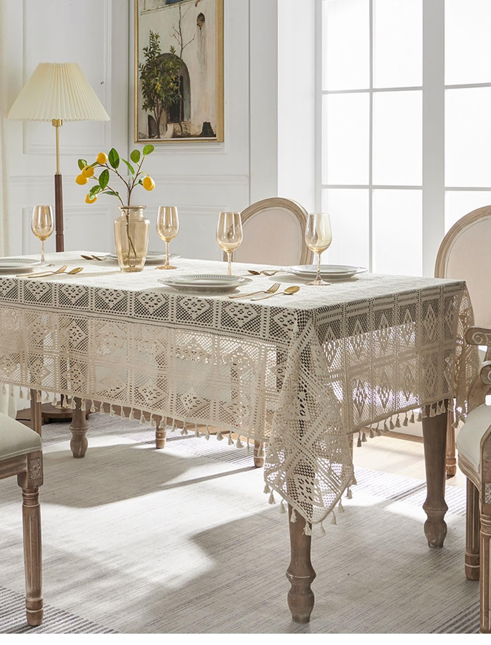 Mantel Cocina Antimanchas, 140 x 200 cm, Beige Blanco, Rectangular, Mantel Poliéster Hueco con Borlas