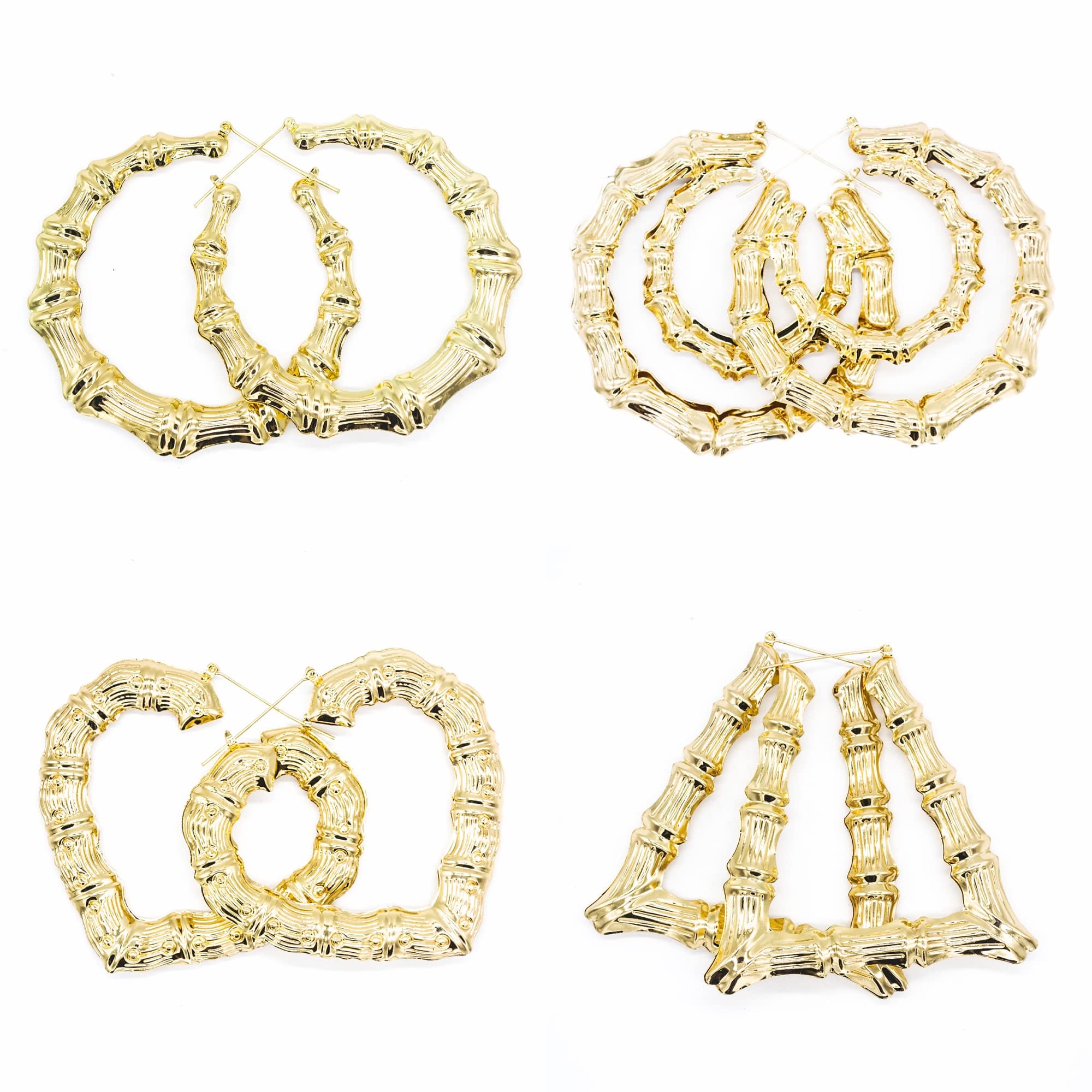 4 Pairs Bamboo Gold Hoop Earrings for Women 18K Real Gold Plated Heart Rounded Large Bamboo Hoop Earrings Jewelry Set 80s/90s Hip Hop Fashion Party Costume Accessories