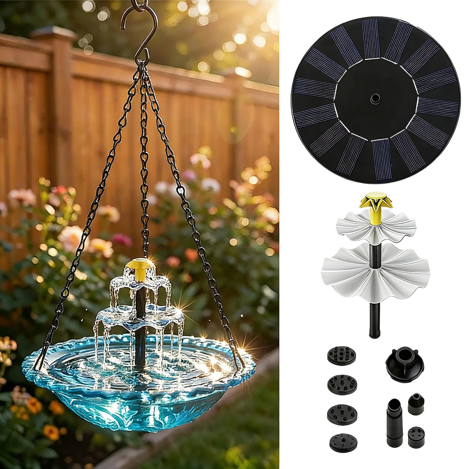 Solar Cascade Hanging Bird Bath - Solar Powered Fountain For Garden & Patio | Outdoor Bird Waterer With Bowl, Attracts Wild Birds, Hummingbirds, Decorative Water Feature