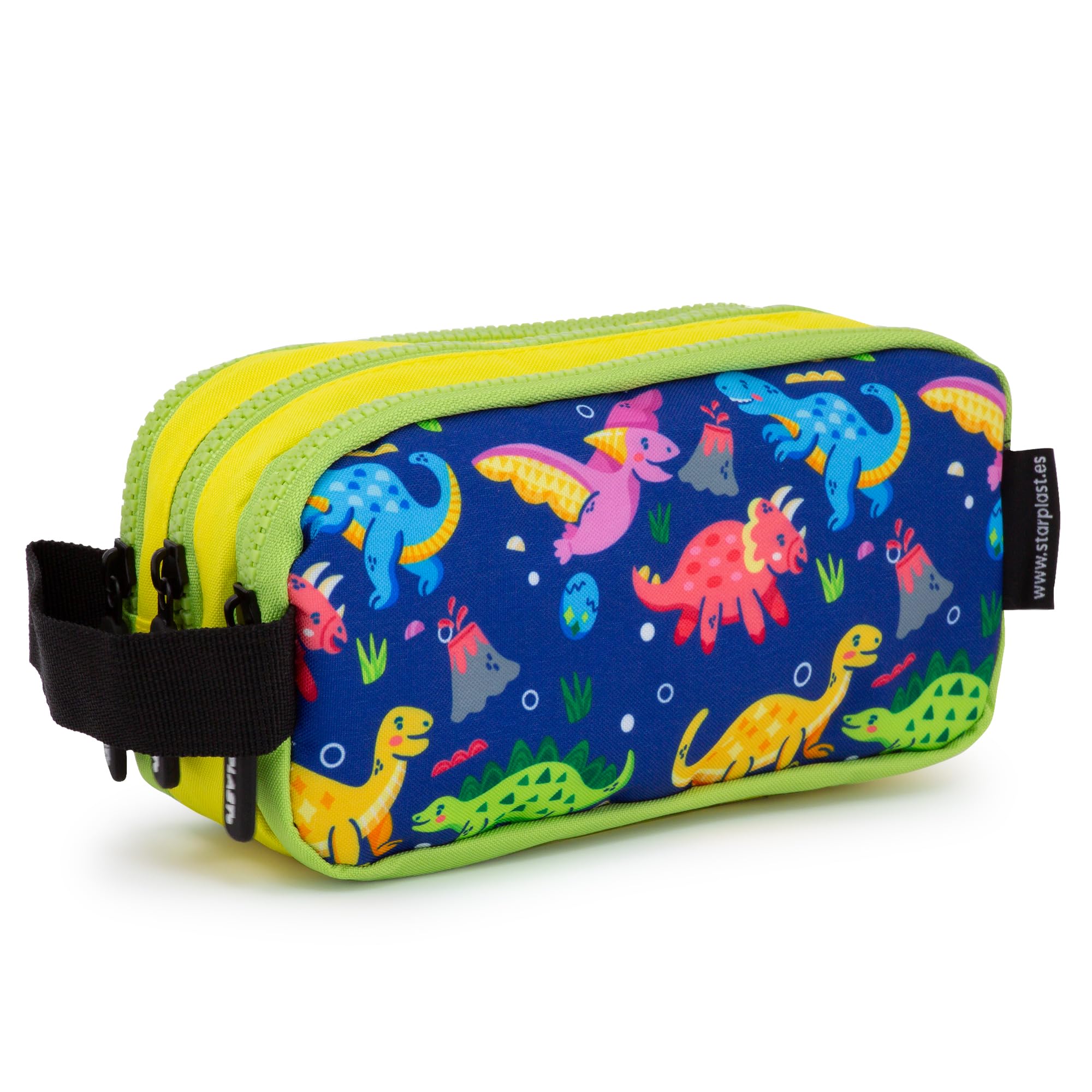 Starplast Estuche 3 Cremalleras - 3 Compartimentos, Amplio, Cierre Cremallera, con Asa, Multiuso, Gran Capacidad, Porta Todo, para Uso Escolar - Modelo Dinosaurios