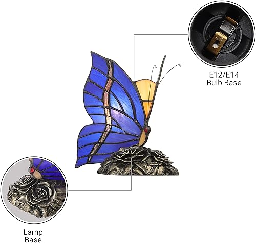 Miniatura 5 de KWOKING Lámpara de noche de mariposa estilo Tiffany Lámpara de mesa hecha a mano Lámpara de escritorio de vidrieras en azul oscuro