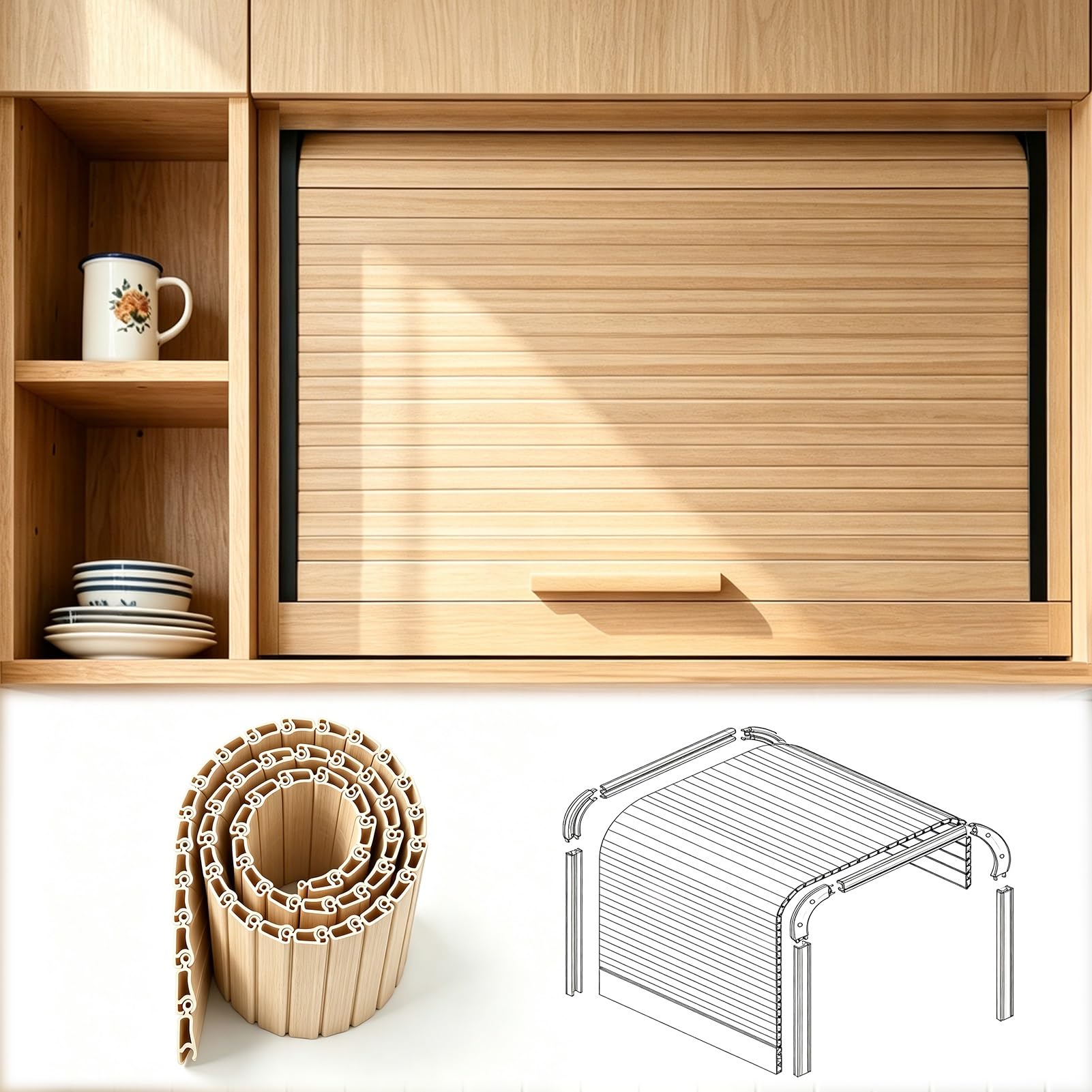 Volet Roulant pour Meuble de Cuisine Kit de Porte À Lamelles Enroulable avec Poignée